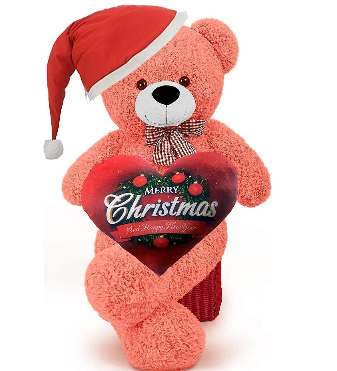  Yeni Yıla Özel : Elinde Baskılı Kalbi Ve Noel Şapkalı 90 cm Papyonlu Peluş Ayıcık - Yeni Yıl Temalı 