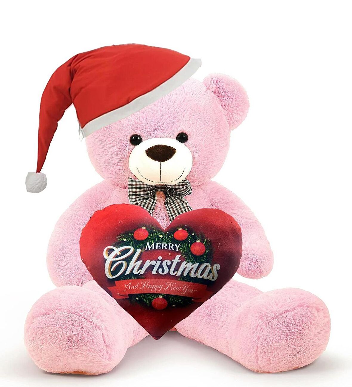  Yeni Yıla Özel : Elinde Baskılı Kalbi Ve Noel Şapkalı 90 cm Papyonlu Peluş Ayıcık - Yeni Yıl Temalı 