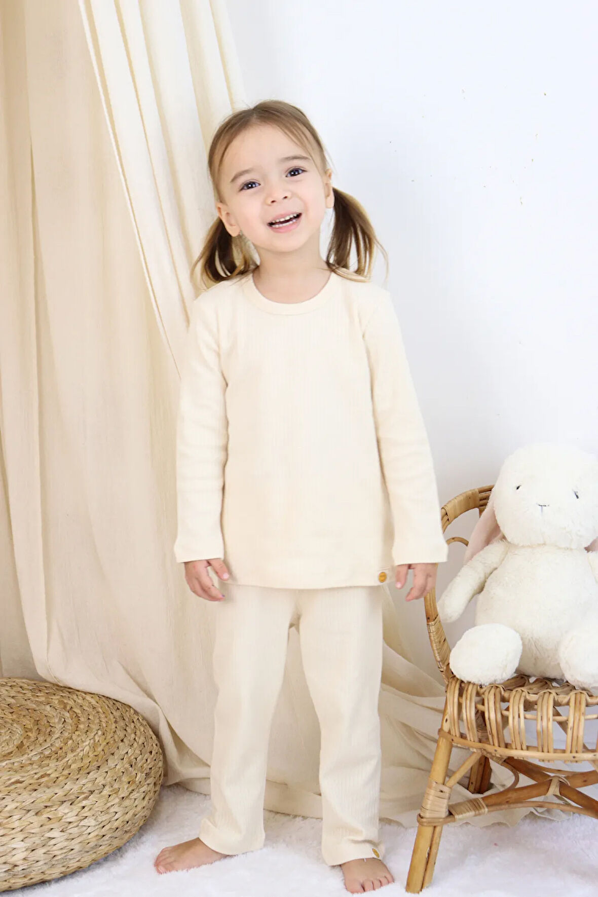 Basic Fitilli İnterlok Kumaş %100 Pamuk 1-5 Yaş Vizon Bebek Pijama Takımı