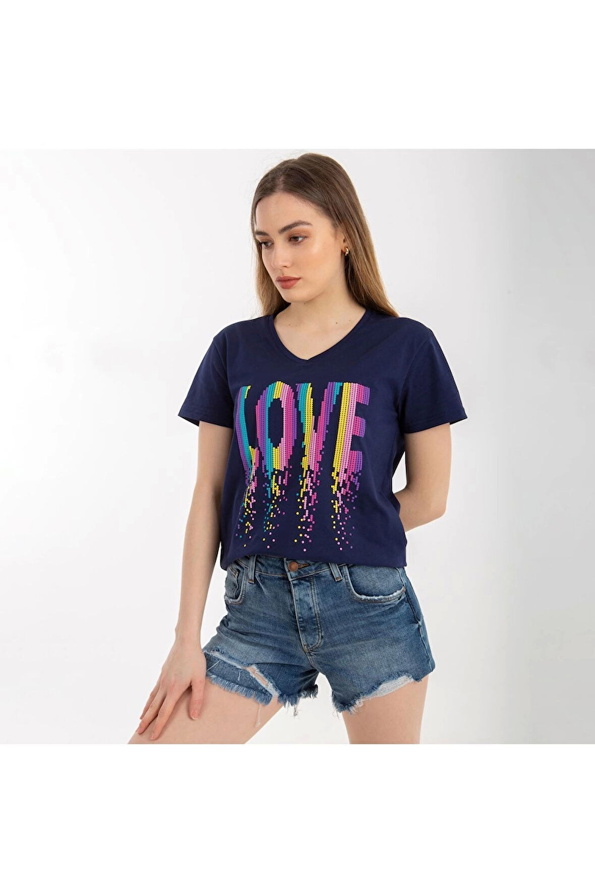 Kadın Lacivert Love Baskılı V Yaka Tshirt Regular Fıt