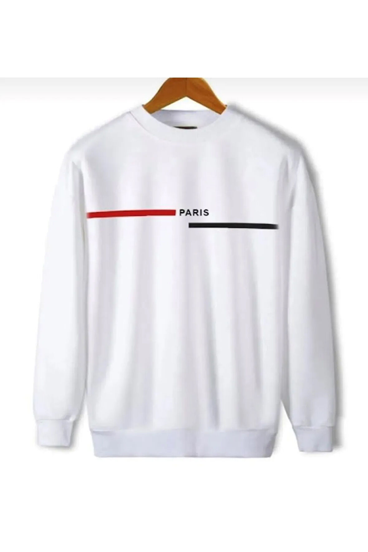 Erkek Beyaz Paris Baskılı Yazılı Bisiklet Yaka Sweatshirt