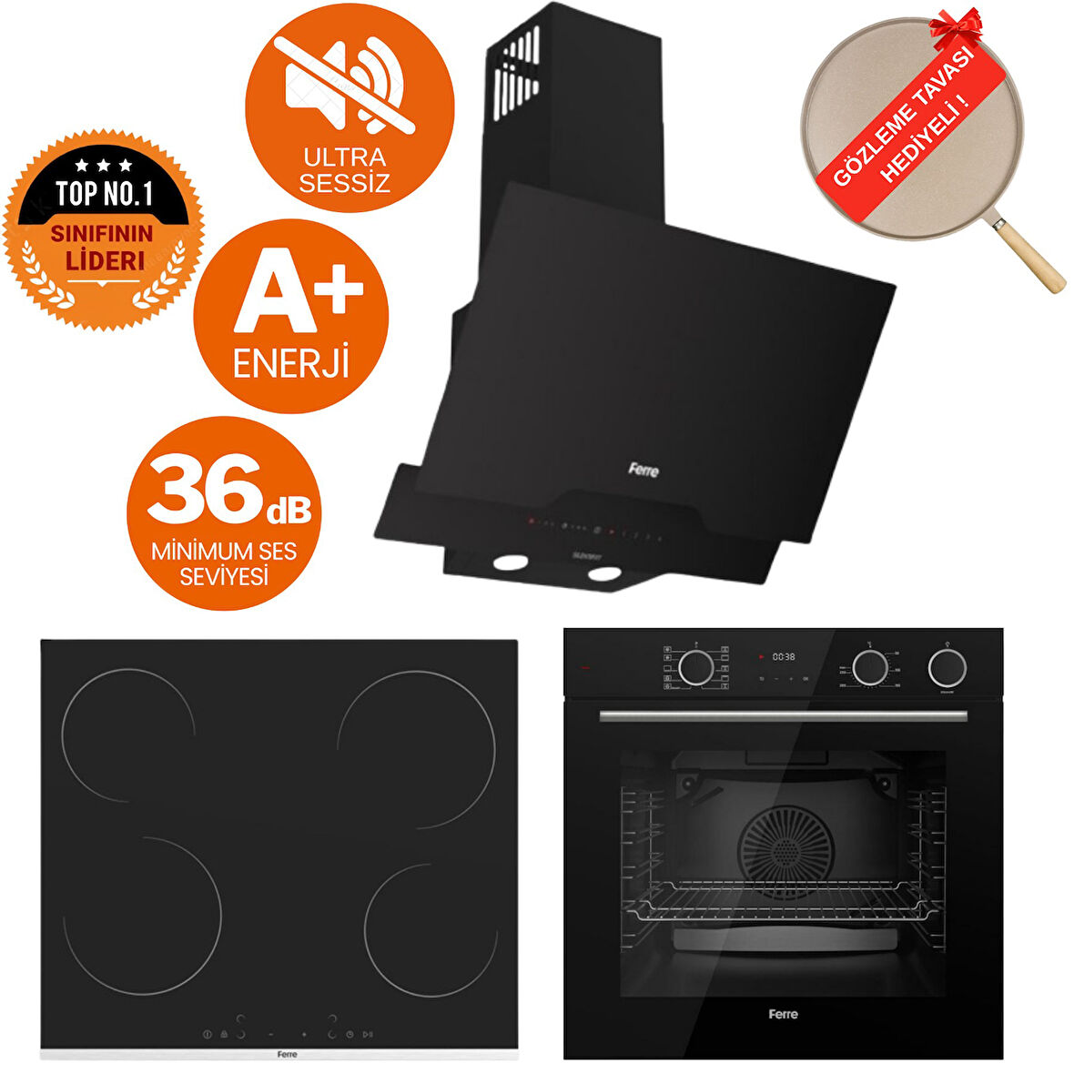Ferre FryArt&Buharlı Giallo Sessiz Davlumbaz Elektrikli Siyah  Ank. Set (D063-SA + MS261 + XE64CS)