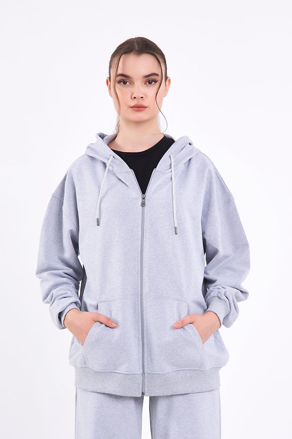 Gri Kanguru Cepli Kapüşonlu Fermuarlı Oversize Kadın Sweatshirt