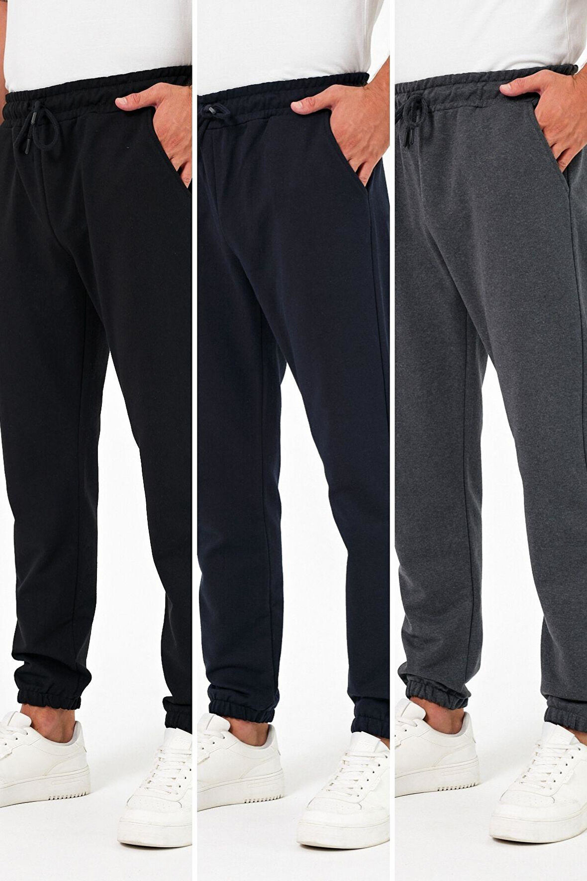 Kalın Siyah-Lacivert-Antrasit Erkek 3'lü Eşofman Altı Jogger Arka Cepli Lastik Paça Regular Fit Şardonsuz