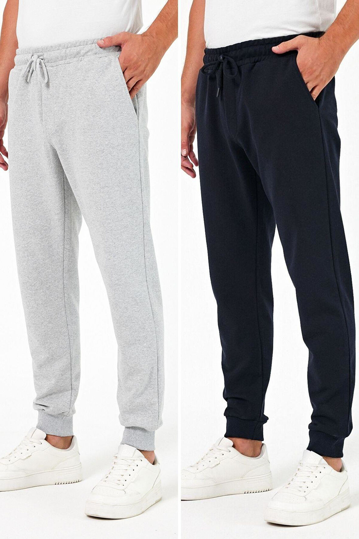 Kalın Siyah-Antrasit Erkek 2'li Eşofman Altı Jogger Arka Cepli Paça Lastikli Regular Fit Şardonsuz
