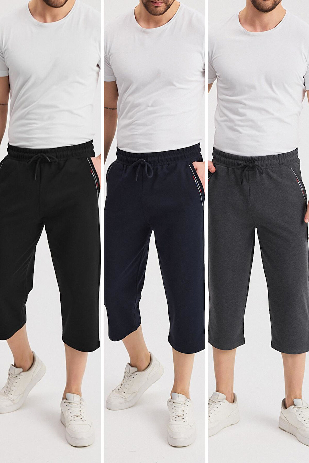 Erkek Yanları Cepli Siyah-Lacivert-Antrasit Bermuda Diz Altı Kapri Beli Ayarlanabilir Lastikli 3'lü Uzun Şort