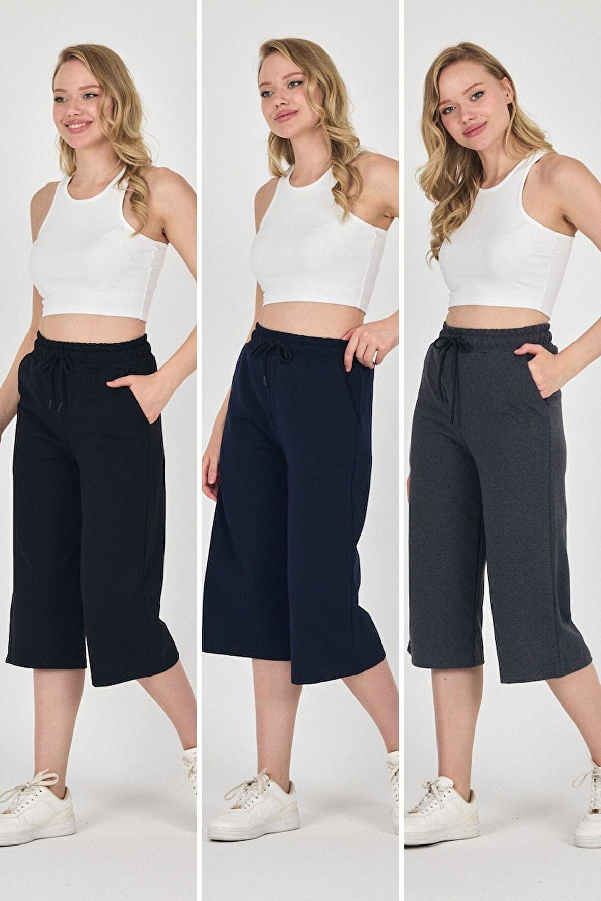 Yüksek Bel Cepli Rahat Kesim Mevsimlik Kadın Diz Altı 3'lü Bermuda Siyah-Lacivert-Antrasit Kapri Şort