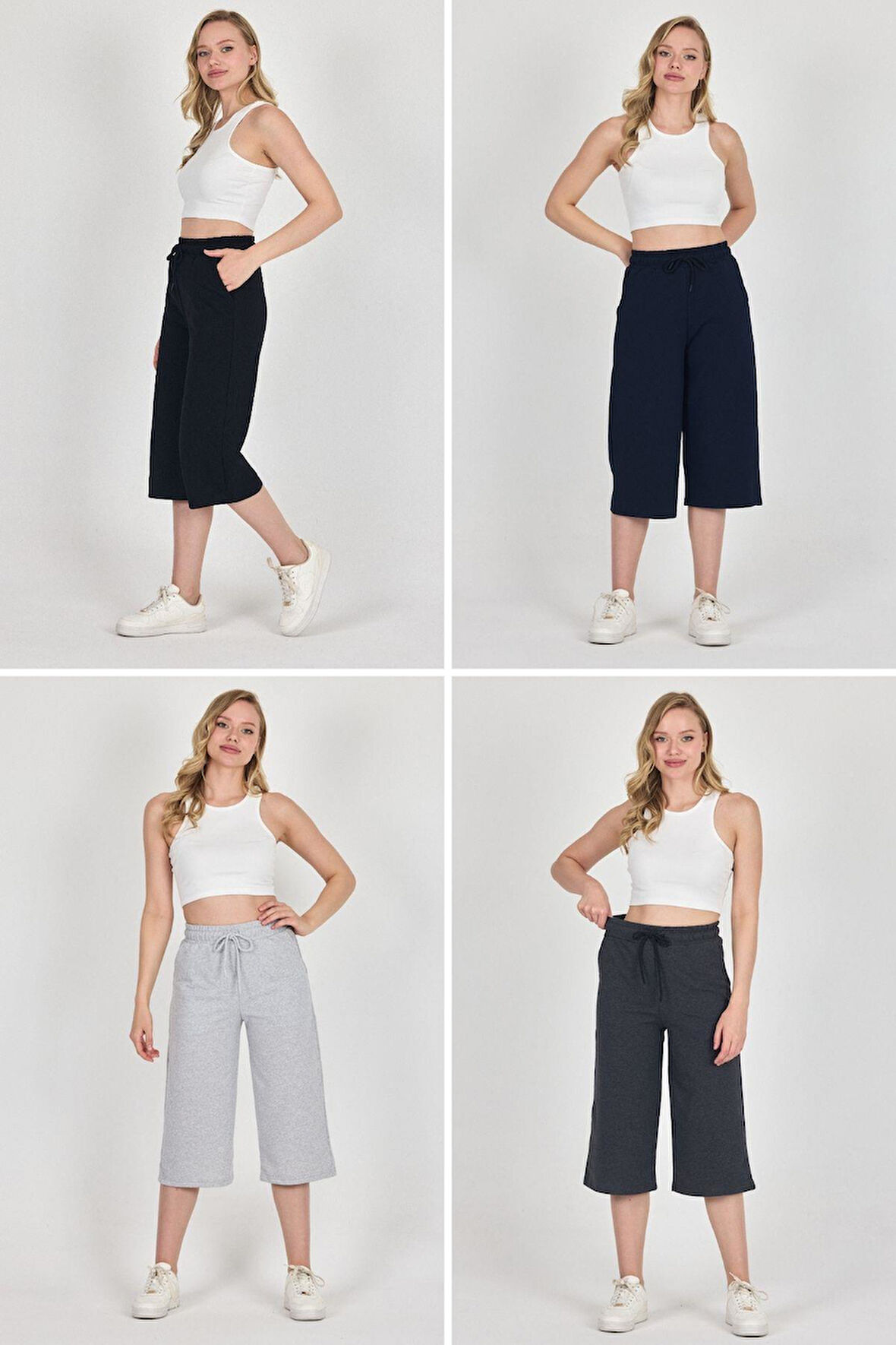 Yüksek Bel Cepli Rahat Kesim Mevsimlik Kadın Diz Altı 4'lü Bermuda Siyah-Lacivert-Gri-Antrasit Kapri Şort MTLCB111-4