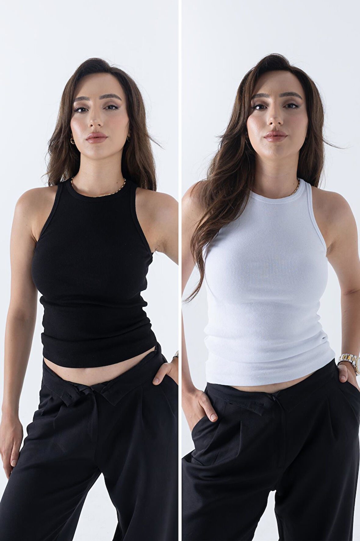 Fitilli Regular Fit Normal Kalıp Siyah-Beyaz Bisiklet Yaka Sıfır Kol Pamuklu 2'li Kadın Atlet 