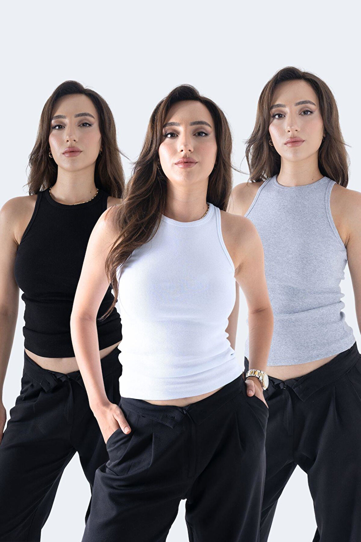 Fitilli Regular Fit Normal Kalıp Siyah-Gri-Beyaz Bisiklet Yaka Sıfır Kol Pamuklu 3'lü Kadın Atlet