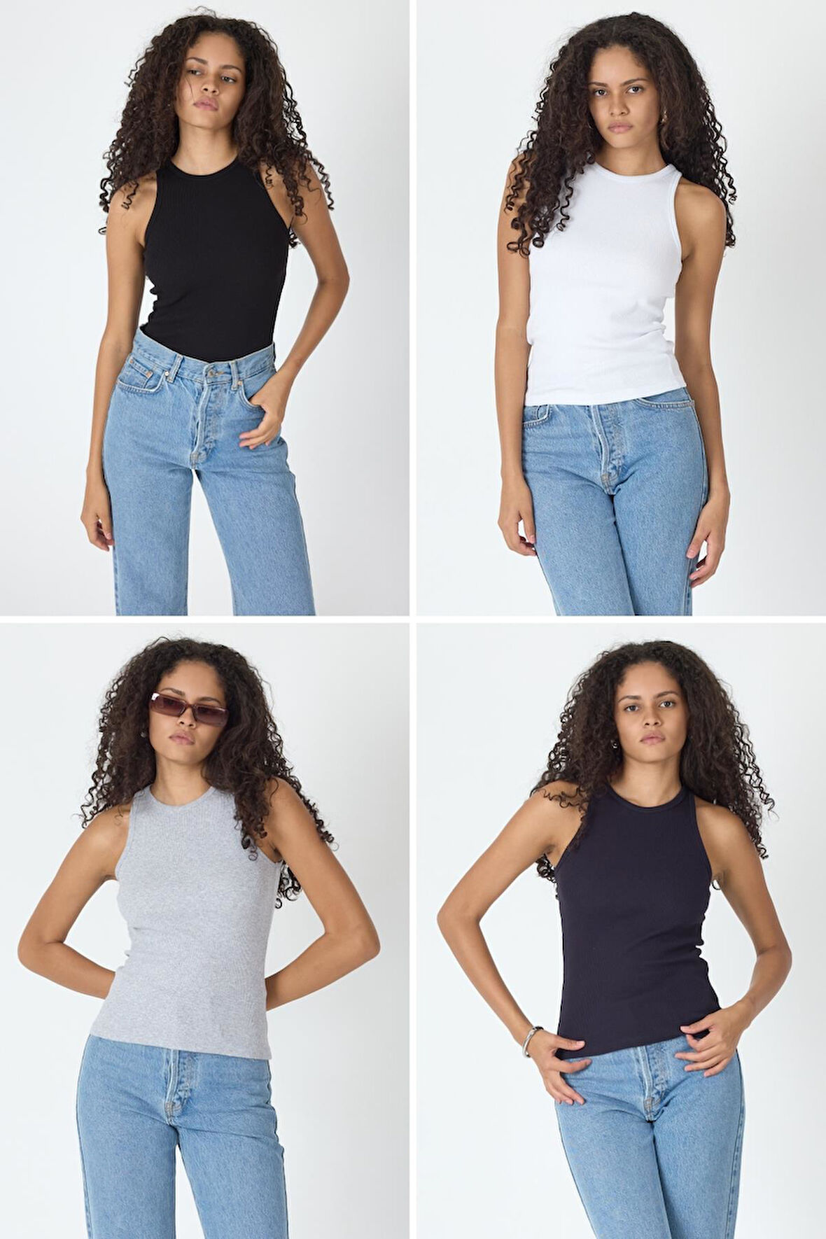 Fitilli Regular Fit Normal Kalıp Siyah-Beyaz-Gri-Lacivert Bisiklet Yaka Sıfır Kol Pamuklu 4'lü Kadın Atlet