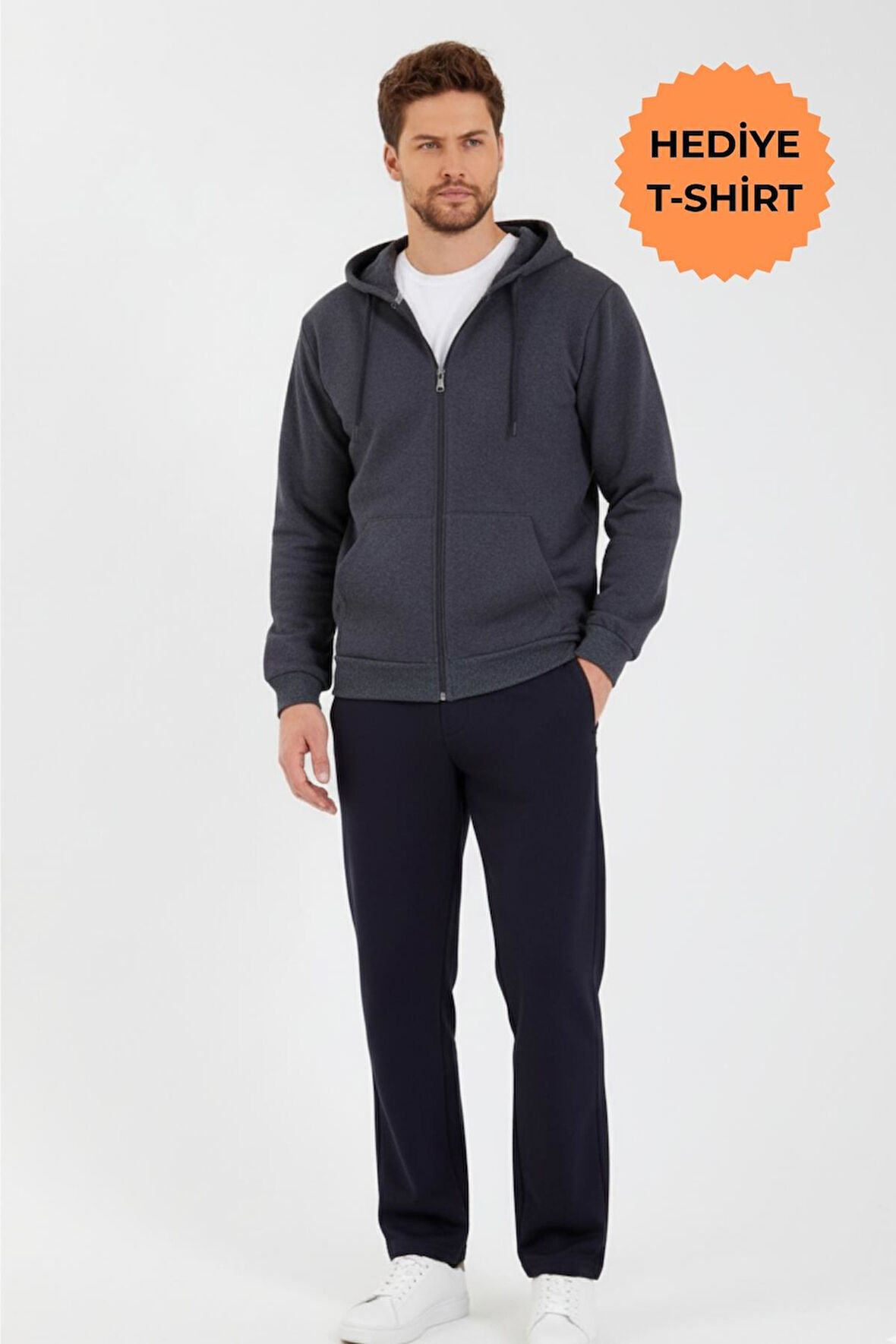 Antrasit Kapüşonlu Regular Fit Hırka Düz Paça Erkek Eşofman Takımı 3861