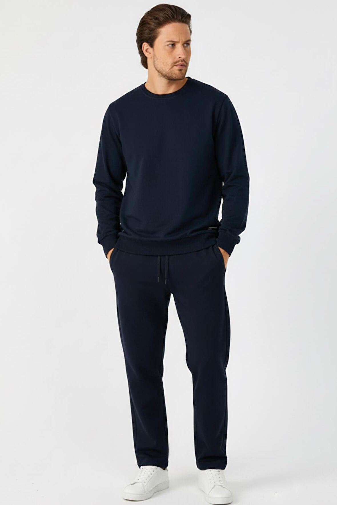 Lacivert Relaxed Fit Bisiklet Yaka Sweatshirt Düz Paça Erkek Eşofman Takımı