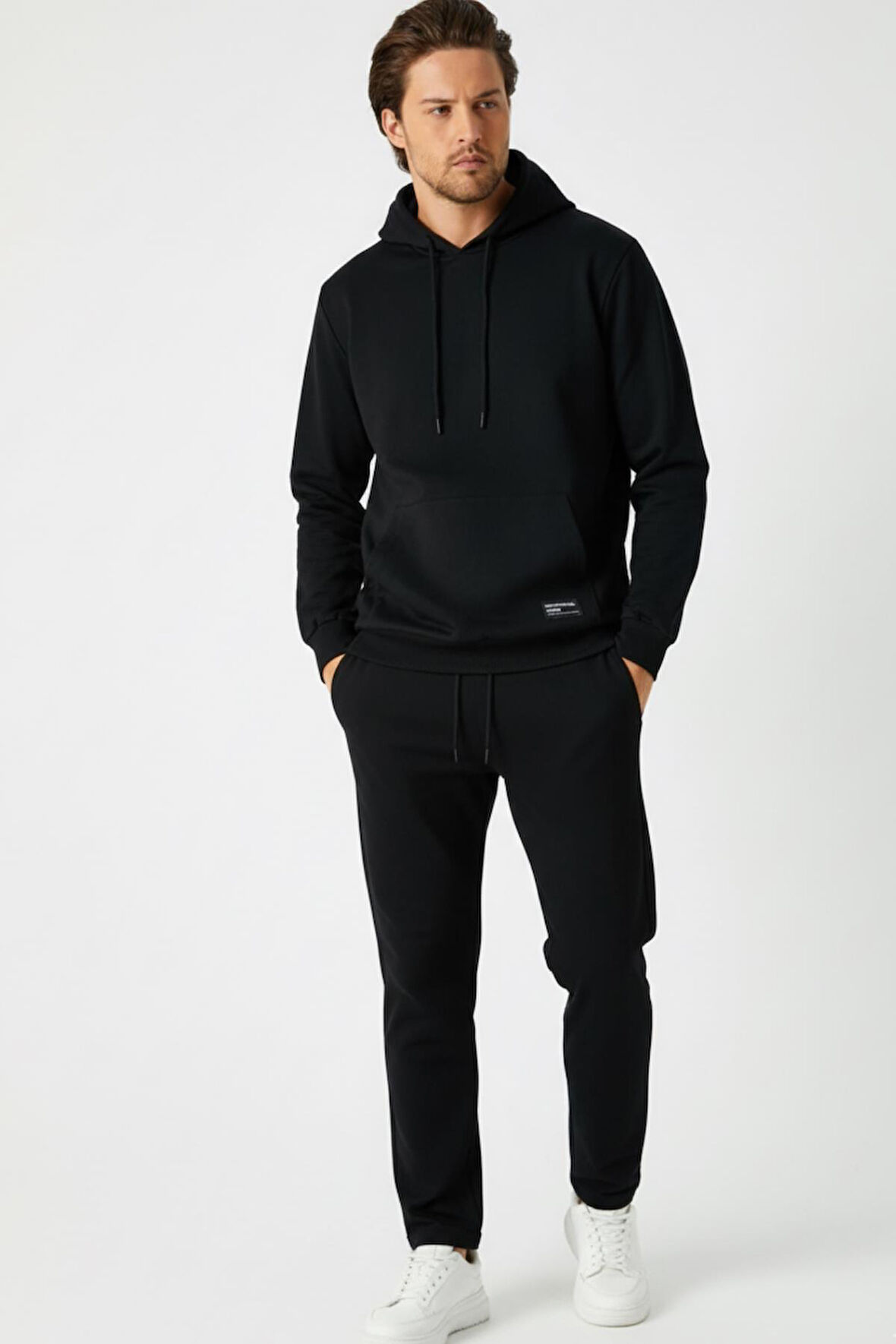 Siyah Regular Fit Kapüşonlu Cepli Sweatshirt Düz Paça Erkek Eşofman Takımı