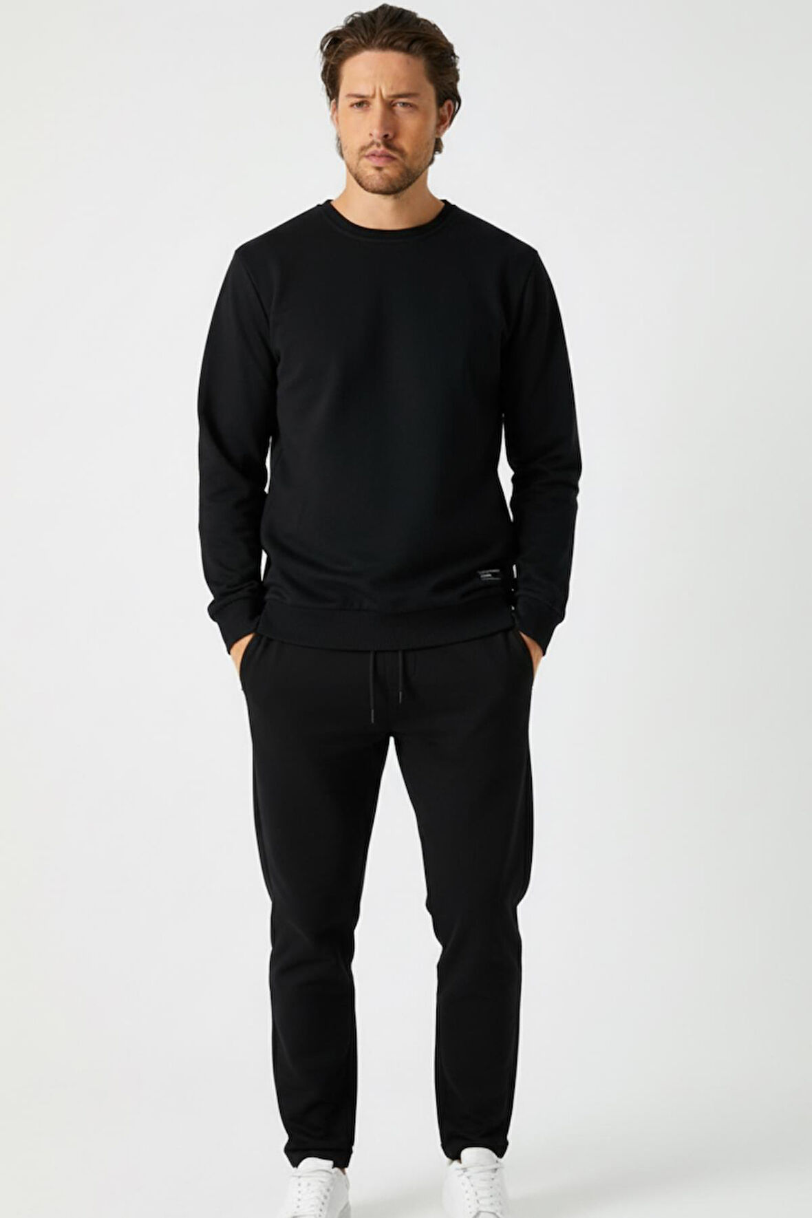 Siyah Relaxed Fit Bisiklet Yaka Sweatshirt Düz Paça Erkek Eşofman Takımı