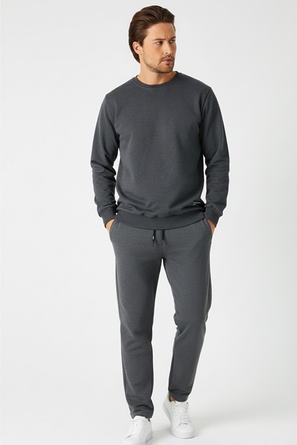 Antrasit Relaxed Fit Bisiklet Yaka Sweatshirt Düz Paça Erkek Eşofman Takımı