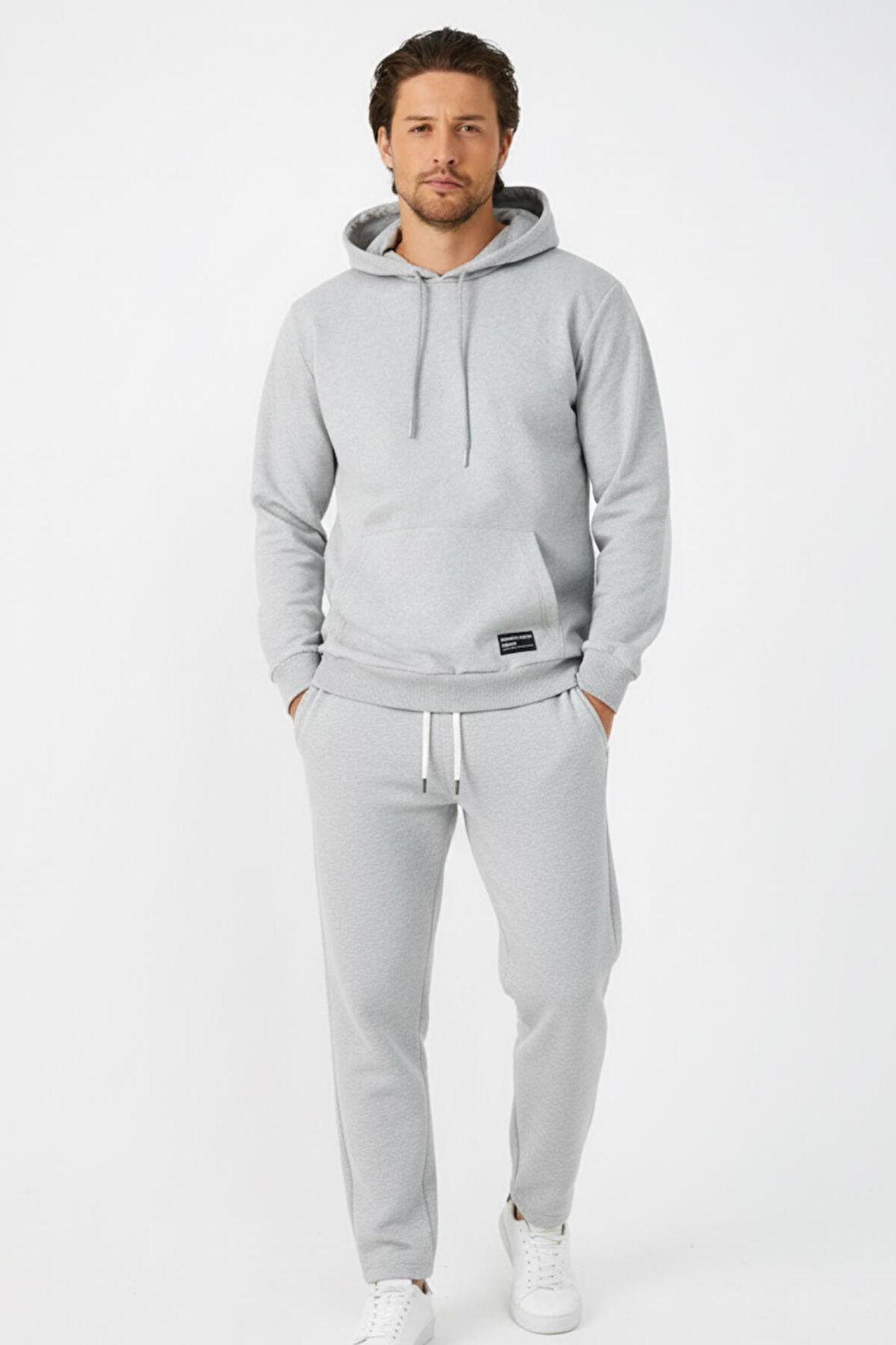 Gri Regular Fit Kapüşonlu Cepli Sweatshirt Düz Paça Erkek Eşofman Takımı