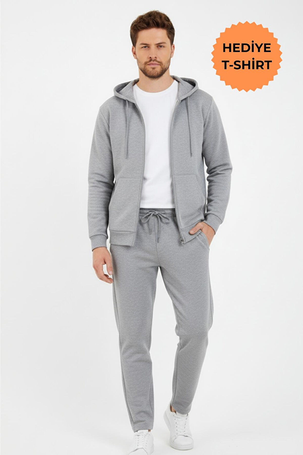 Gri Kapüşonlu Regular Fit Hırka Düz Paça Erkek Eşofman Takımı 3861