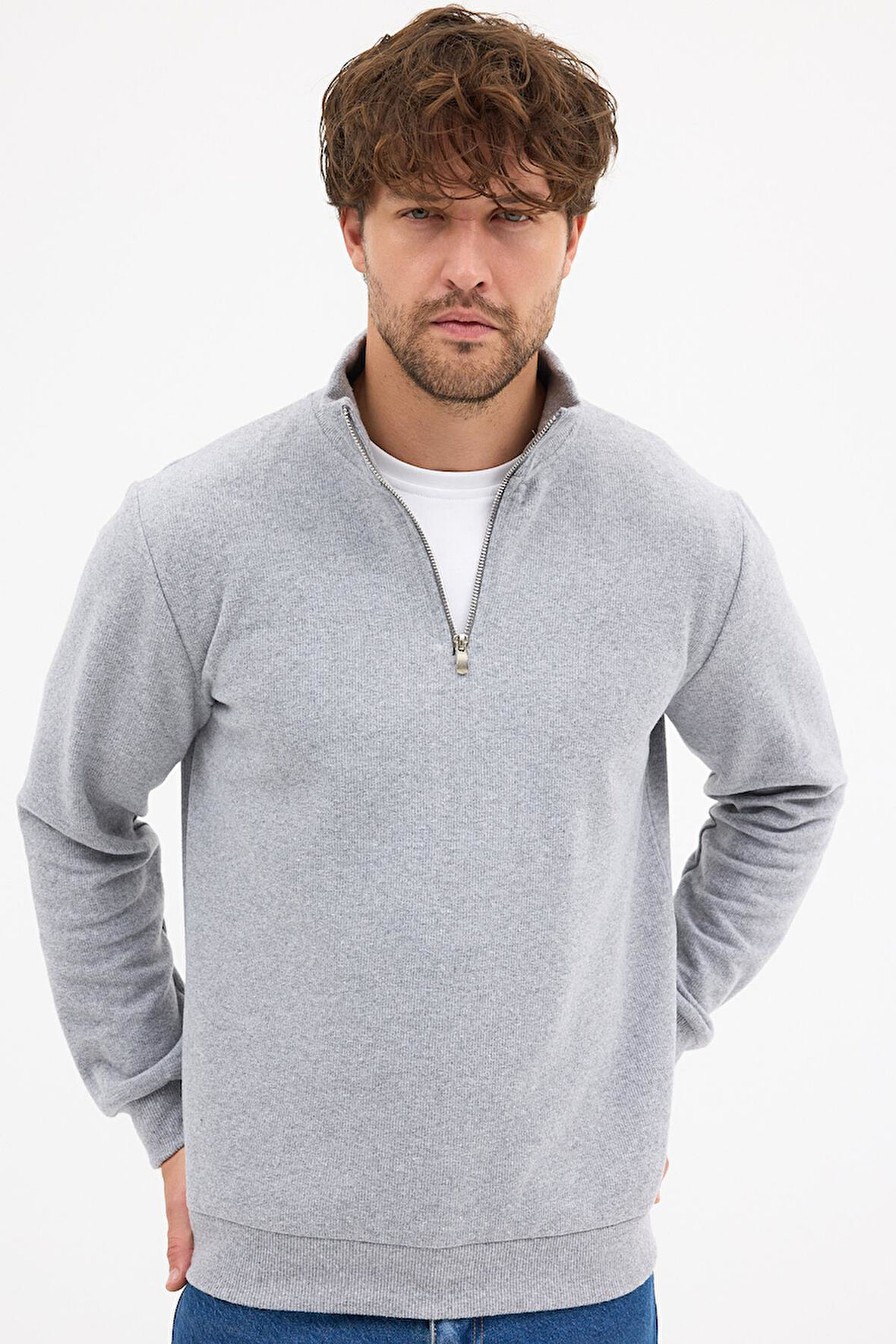 Erkek Gri Standart Fit Normal Kesim Pamuklu Yarım Fermuarlı Dik Yaka Pamuklu Sweatshirt