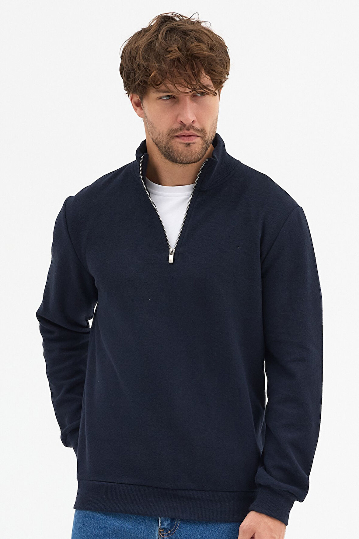 Erkek Lacivert Standart Fit Normal Kesim Pamuklu Yarım Fermuarlı Dik Yaka Pamuklu Sweatshirt