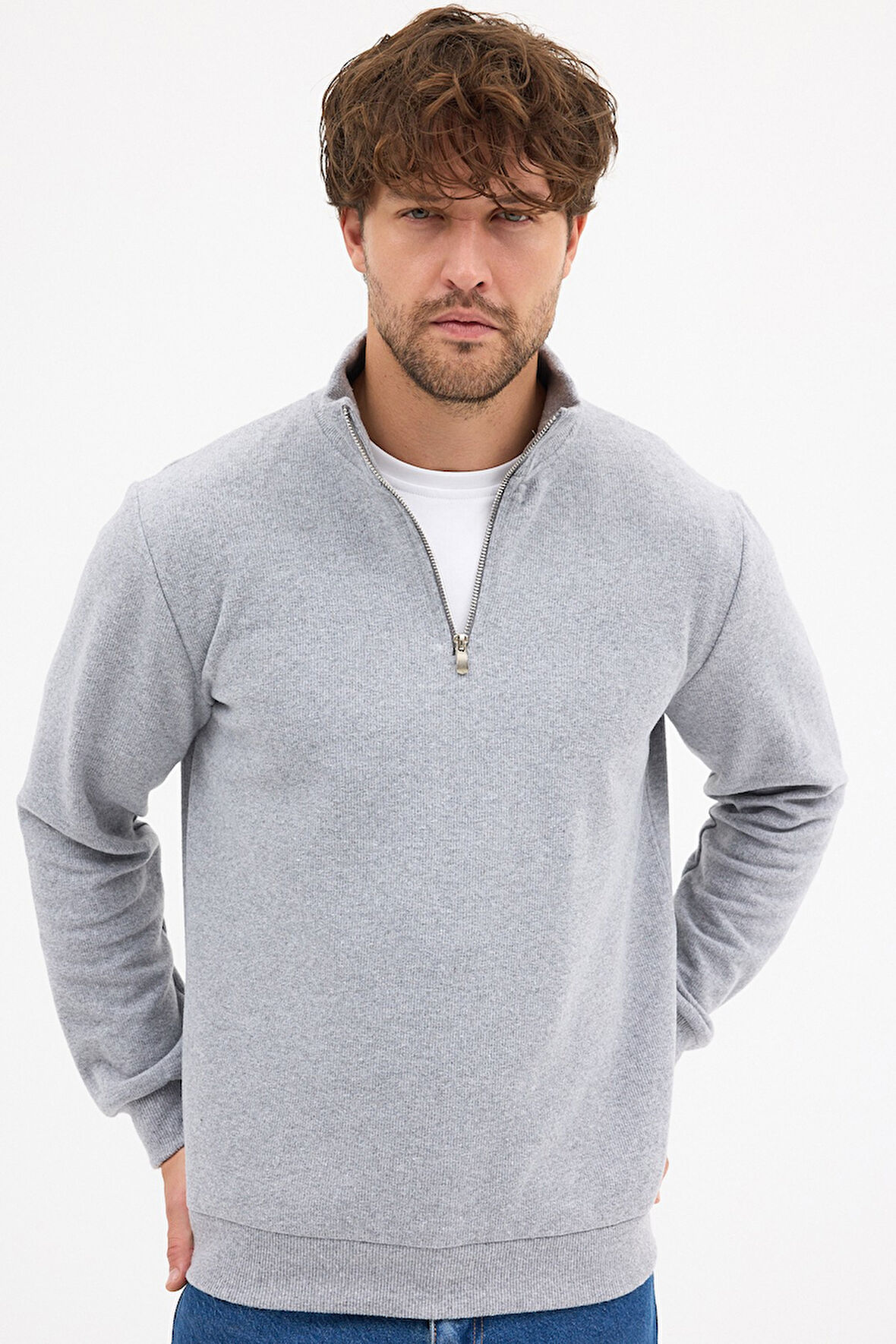 Erkek Gri Standart Fit Normal Kesim Pamuklu Yarım Fermuarlı Dik Yaka Pamuklu Sweatshirt