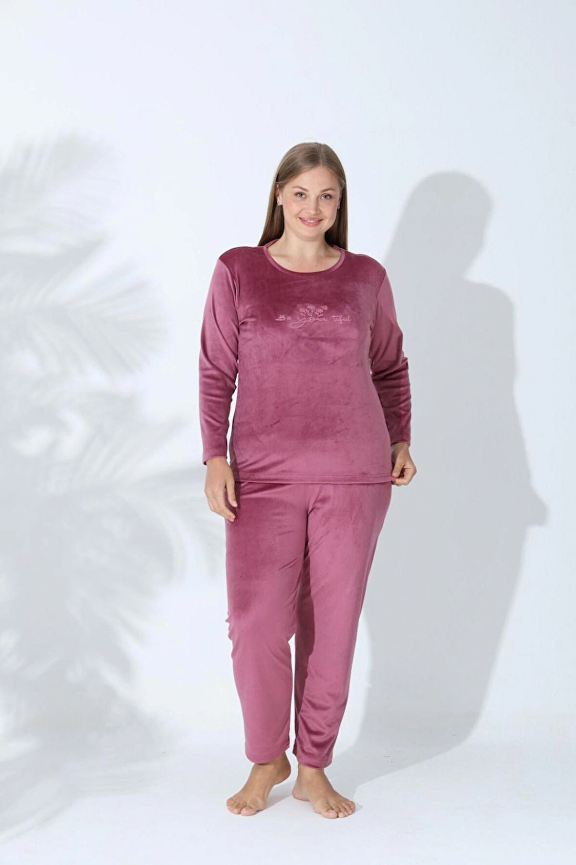 Kadın Gül Kurusu Büyük Beden Kadife Kışlık Pijama Takımı