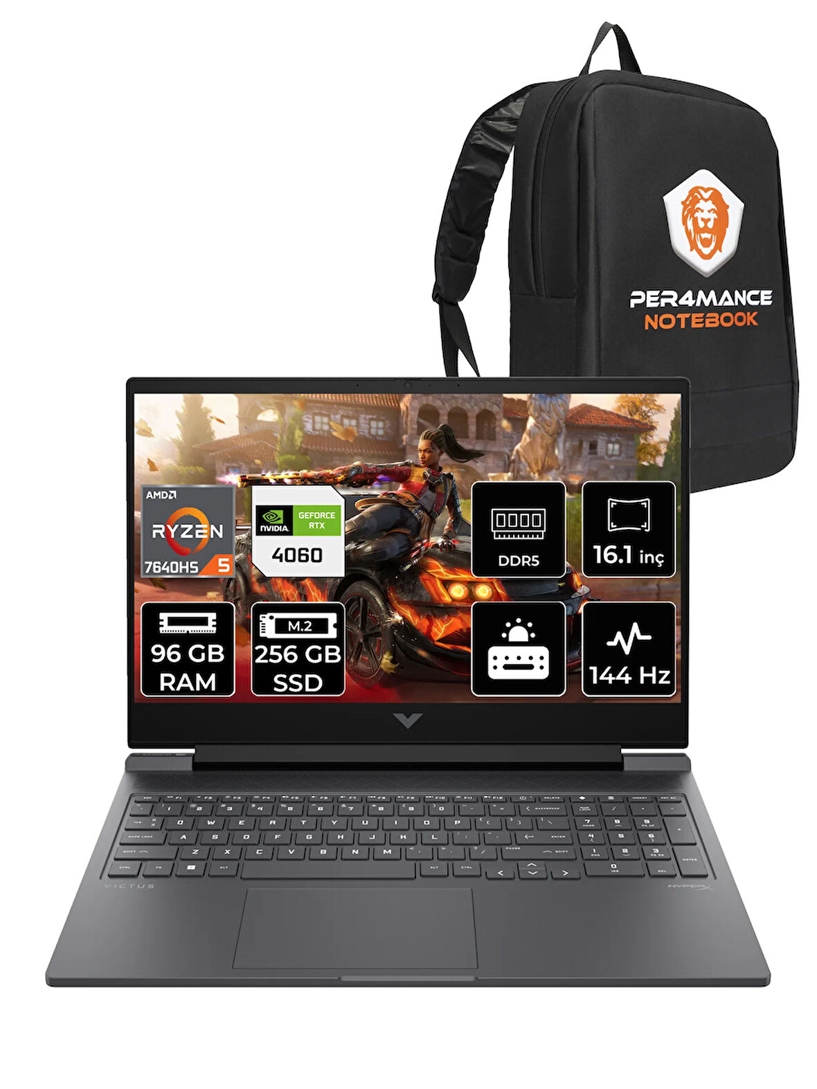 HP Victus 16 R5 7640HS 96GB RAM 256GB SSD RTX4060/8GB 144Hz 16.1'' FHD FDOS Gaming Laptop & PER4 ÇANTA