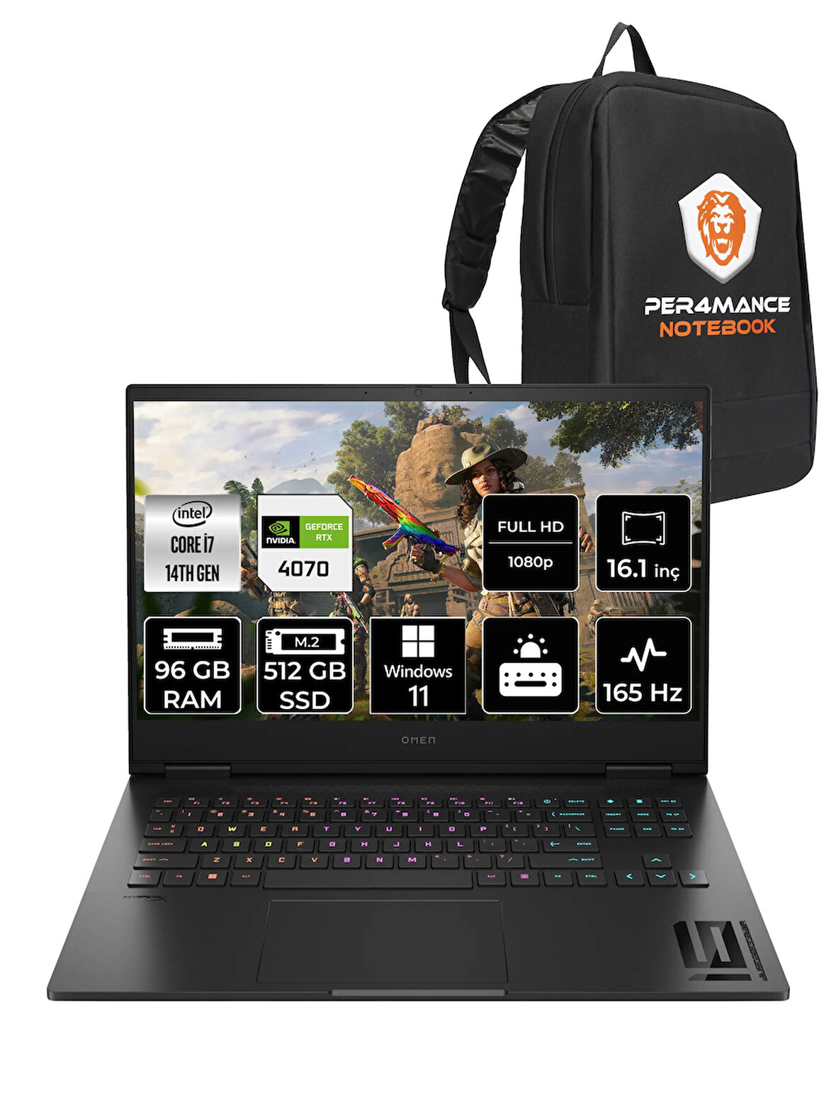 HP OMEN 16 i7 14700HX 96GB RAM 512GB SSD RTX4070/8GB 165Hz 16.1'' FHD W11P Gaming Laptop & PER4 ÇANTA