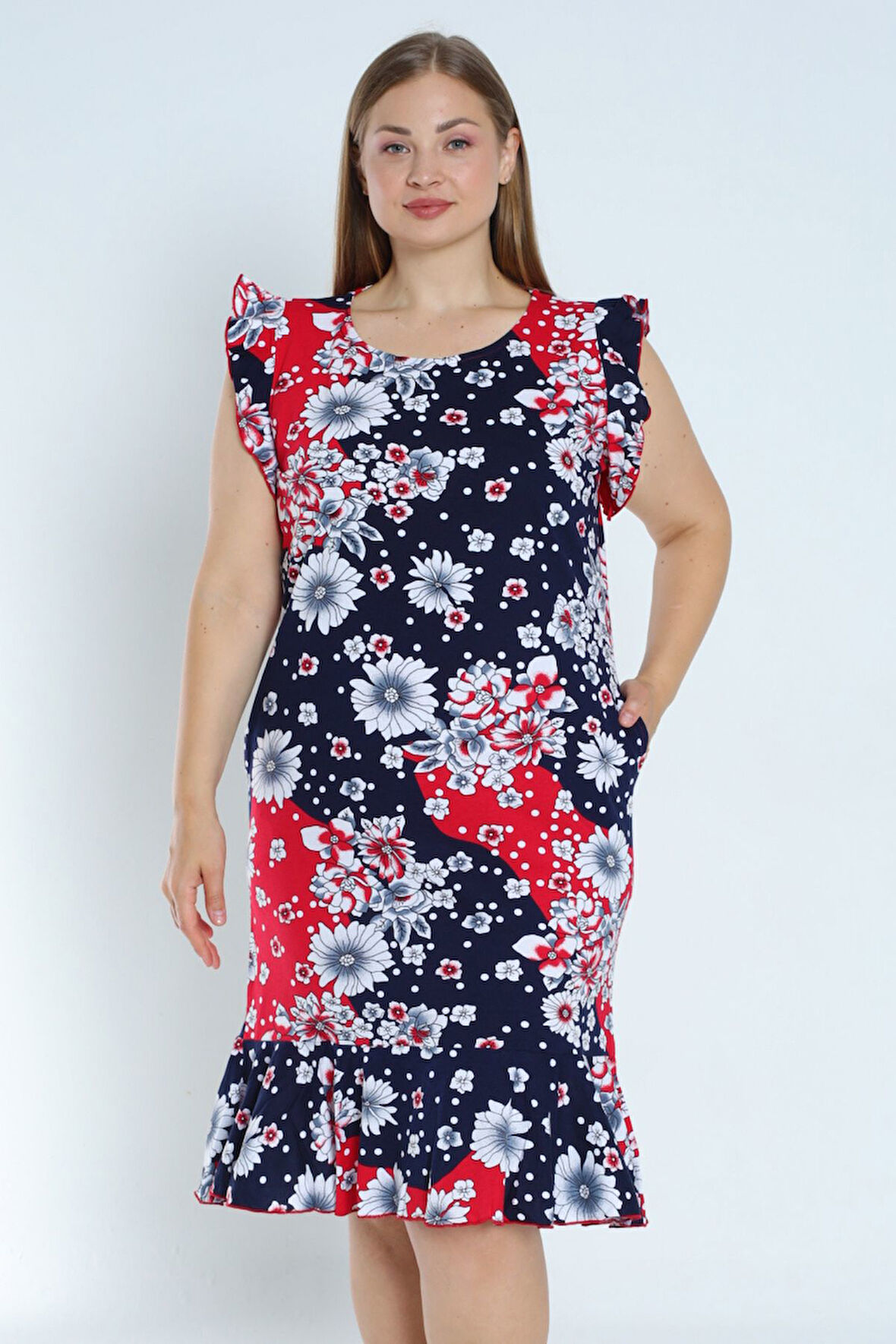 Kadın Lacivert üyük beden desenli %100 pamuk cepli kolu ve eteği fırfırlı elbise