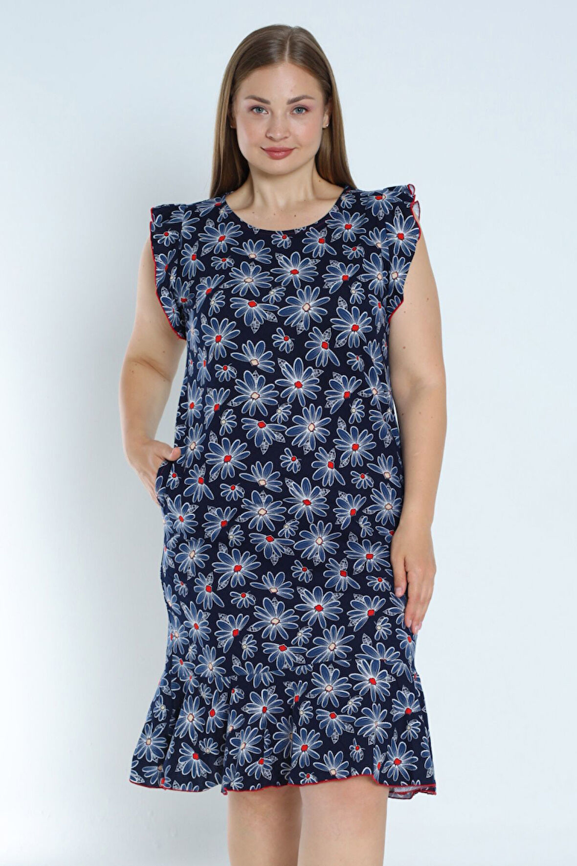 Lacivert Büyük Beden %100 Pamuk Cepli Kolu Ve Eteği Volanlı Elbise