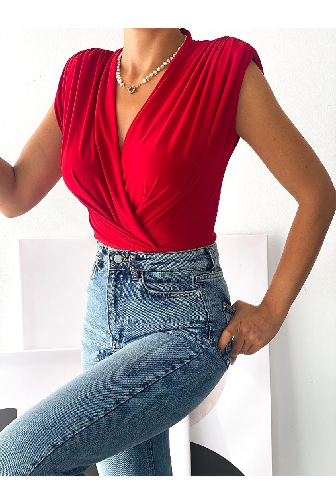Kadın Vatka Detaylı Kruvaze Yaka Bodysuit