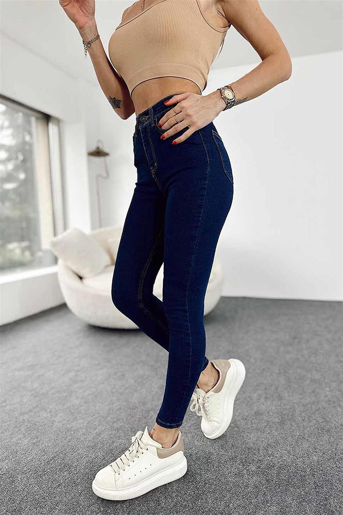 Kadın Ultra Yüksek Bel Likralı Skinny Jean Pantolon Koyu Mavi