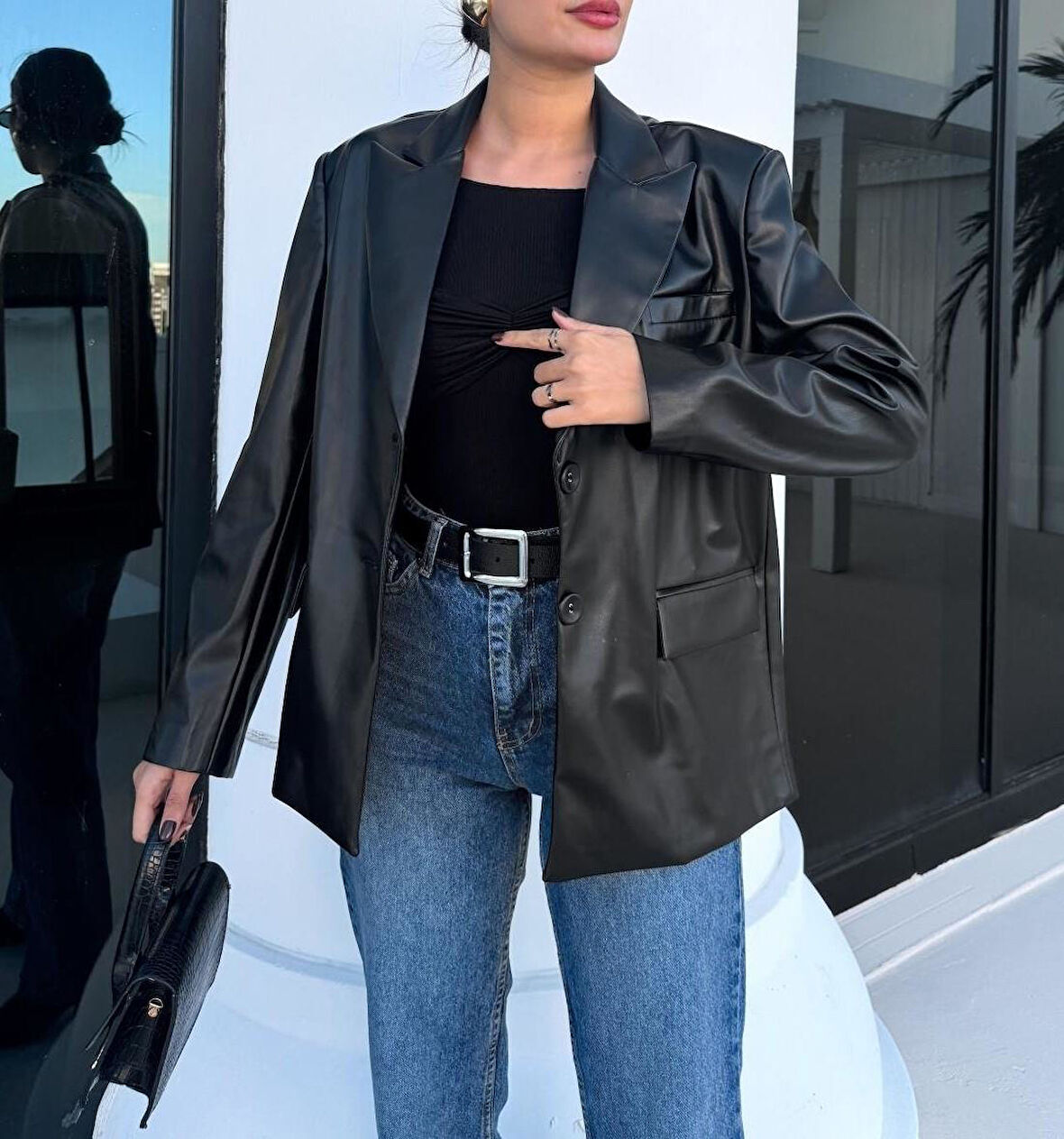 Kadın Oversize Vegan Deri Nervio Blazer Ceket