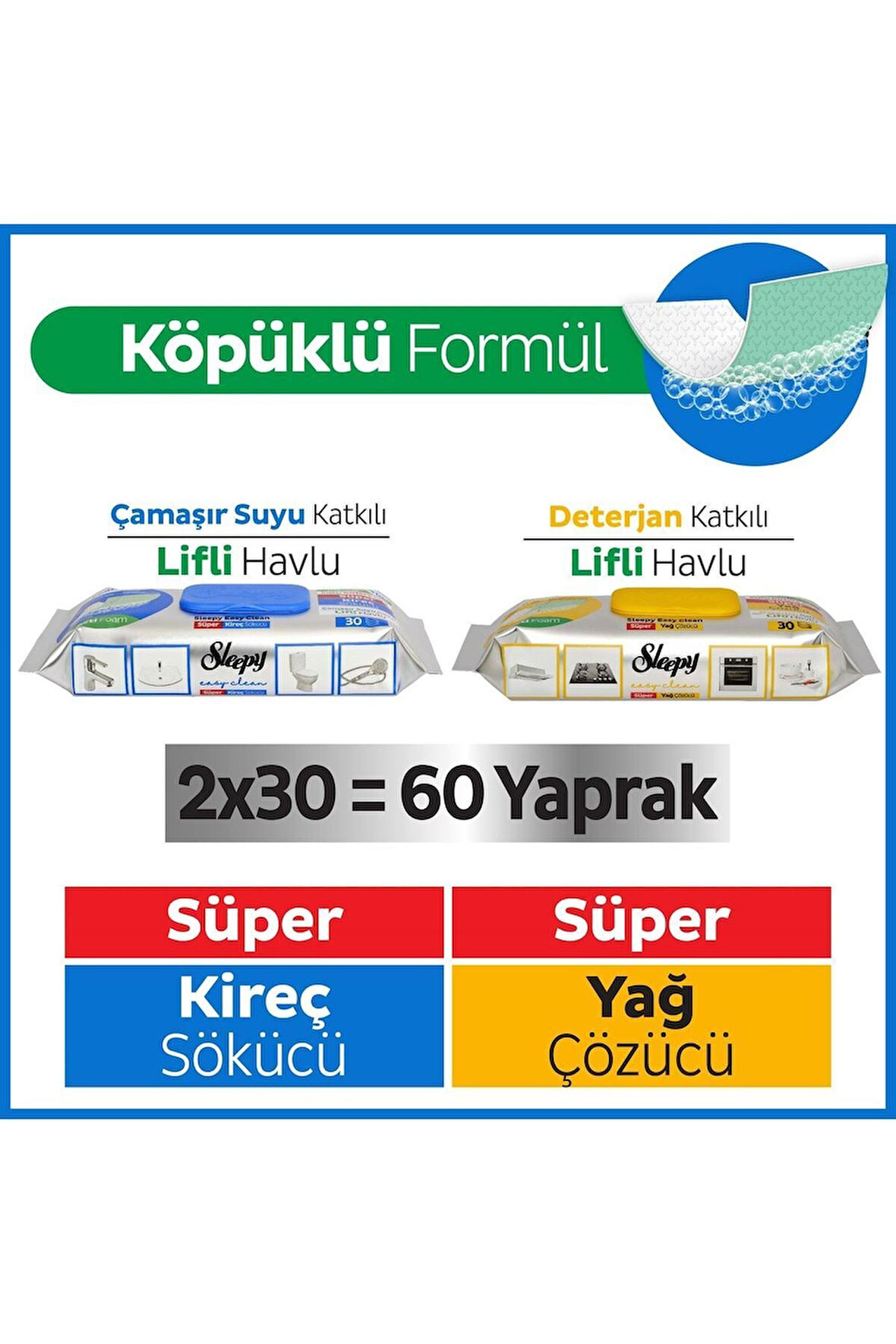 Sleepy Easy Clean Süper Yağ Çözücü&kireç Sökücü Yüzey Temizlik Havlusu&mendili 2x30 (60 YAPRAK)