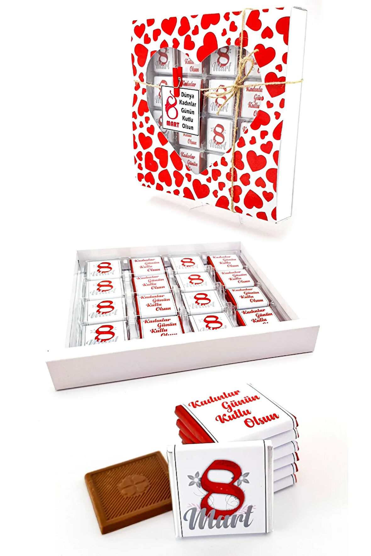 8 Mart Dünya Kadınlar Günü Kalpli Kutuda Melodi Madlen Çikolata 32'li