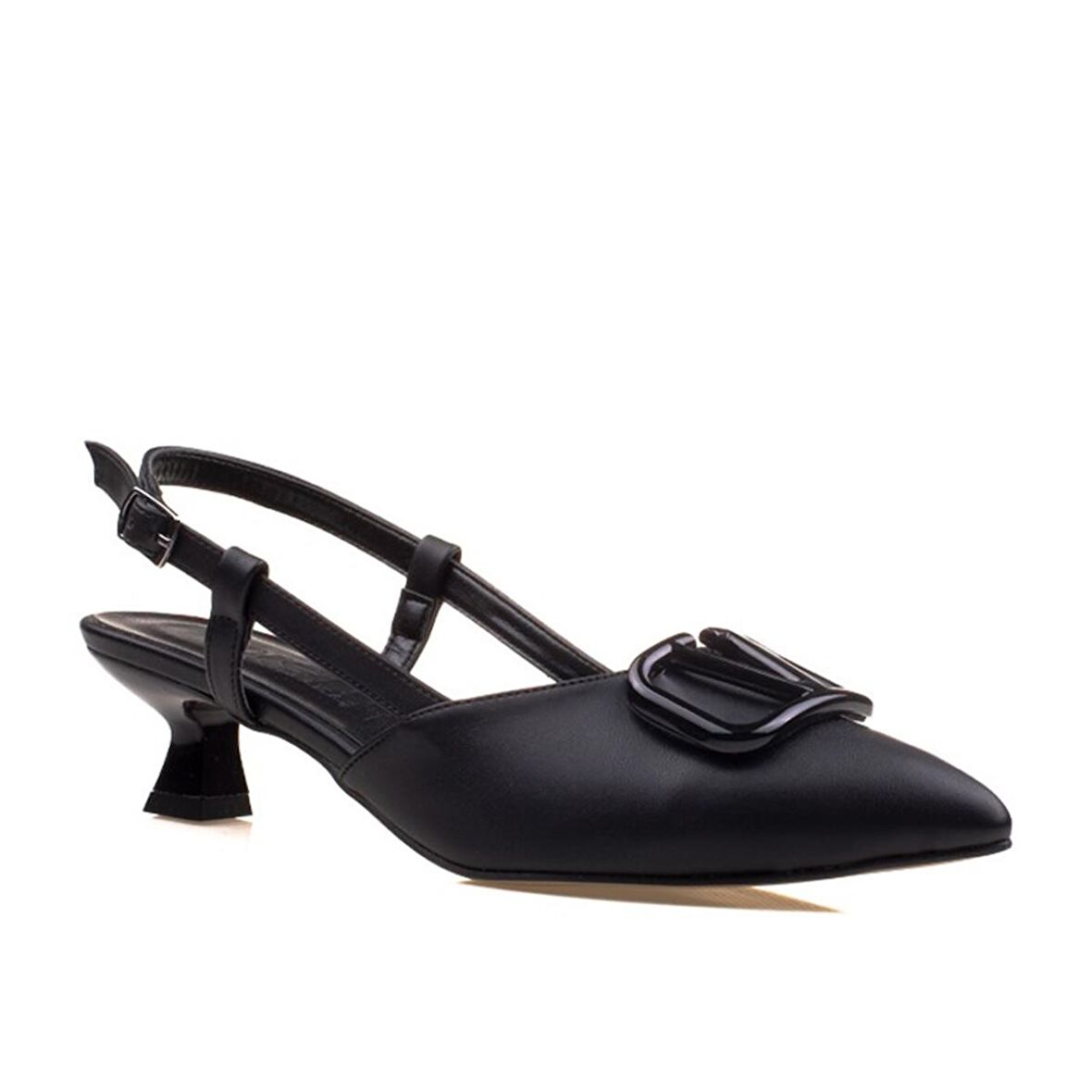 M2S Siyah Kadın Suni Fındık Topuk Sivri Burun Klasik Terlik