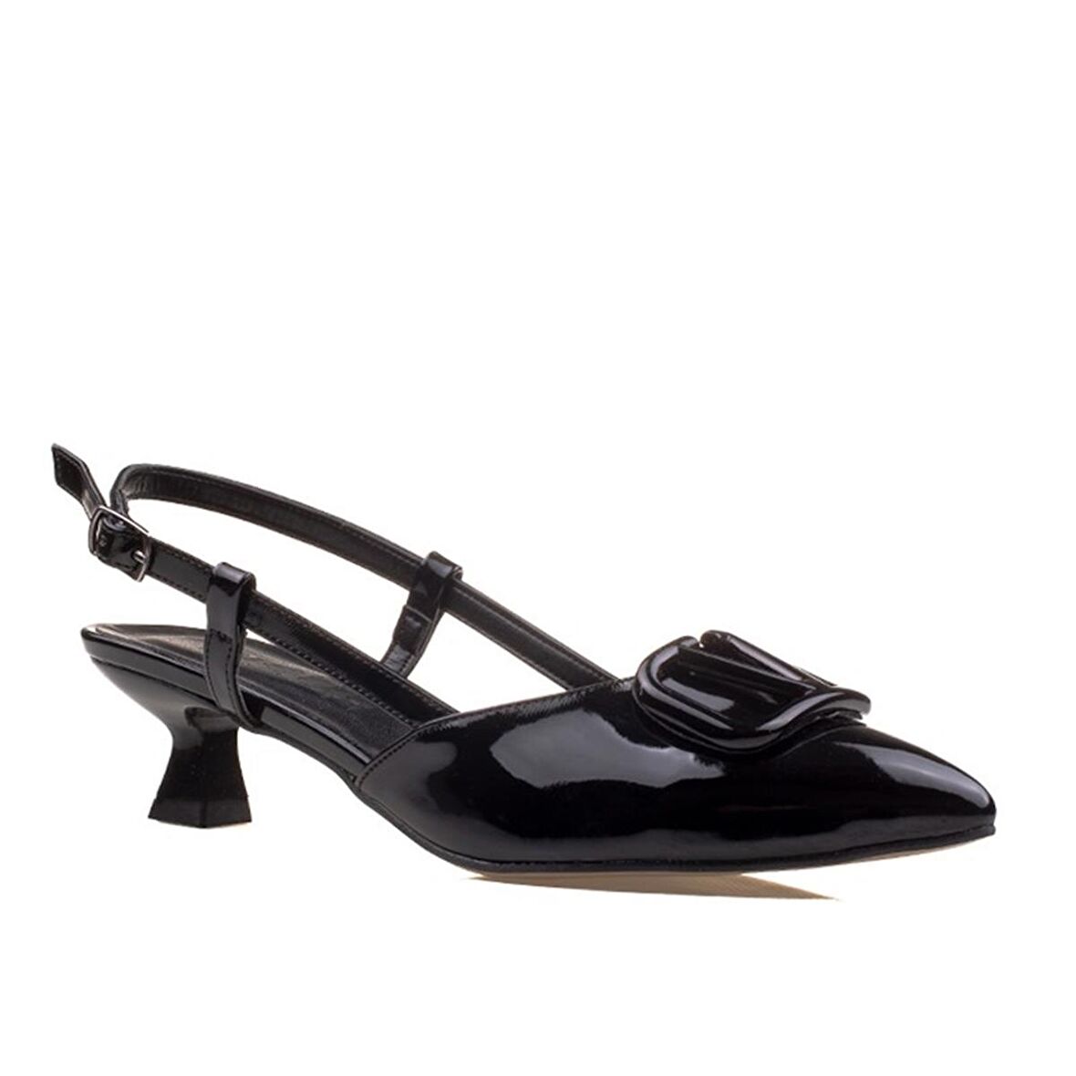 M2S Siyah Kadın Rugan Fındık Topuk Sivri Burun Klasik Terlik