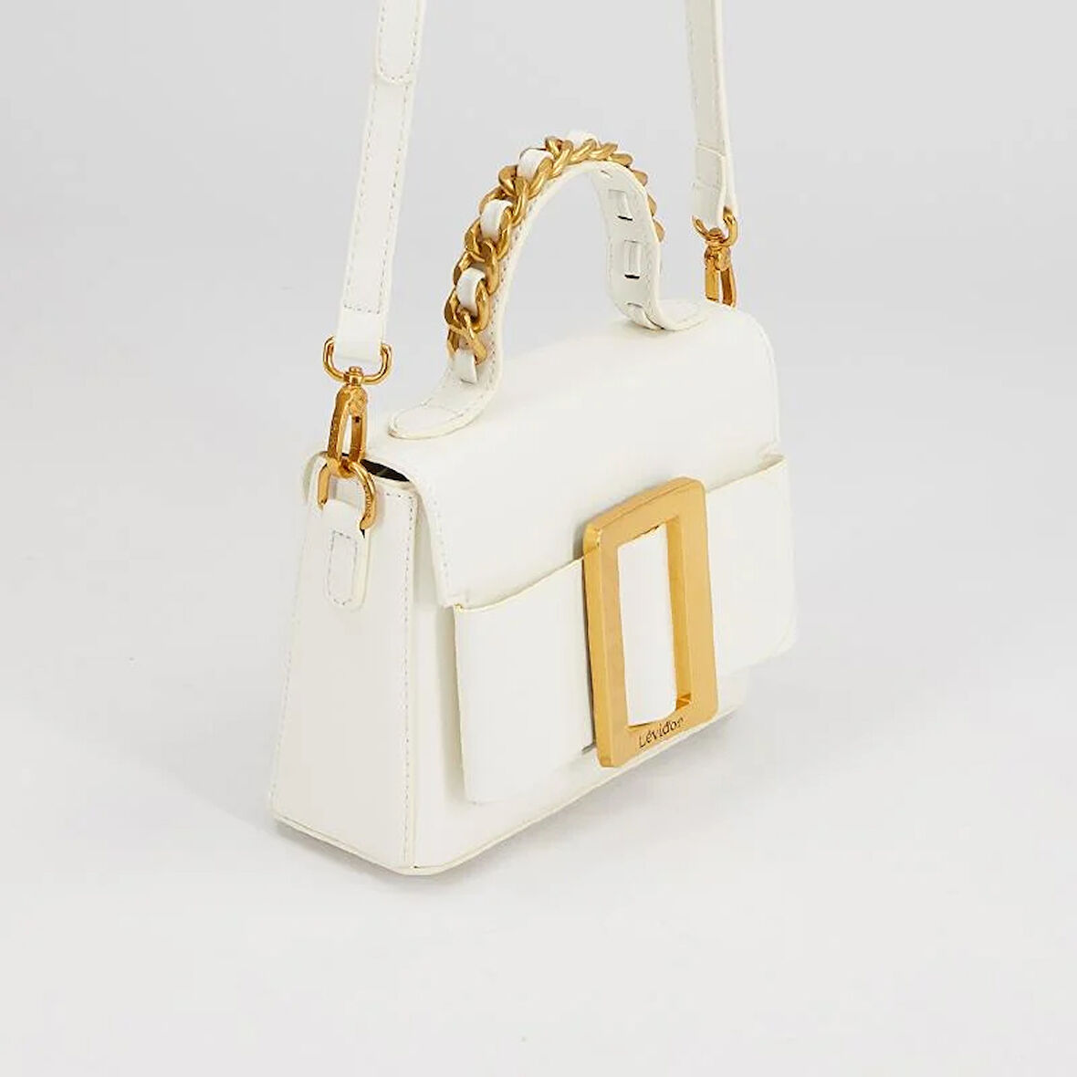 Levidor Beyaz Zincir İşlemeli Premium Kadın El Çantası