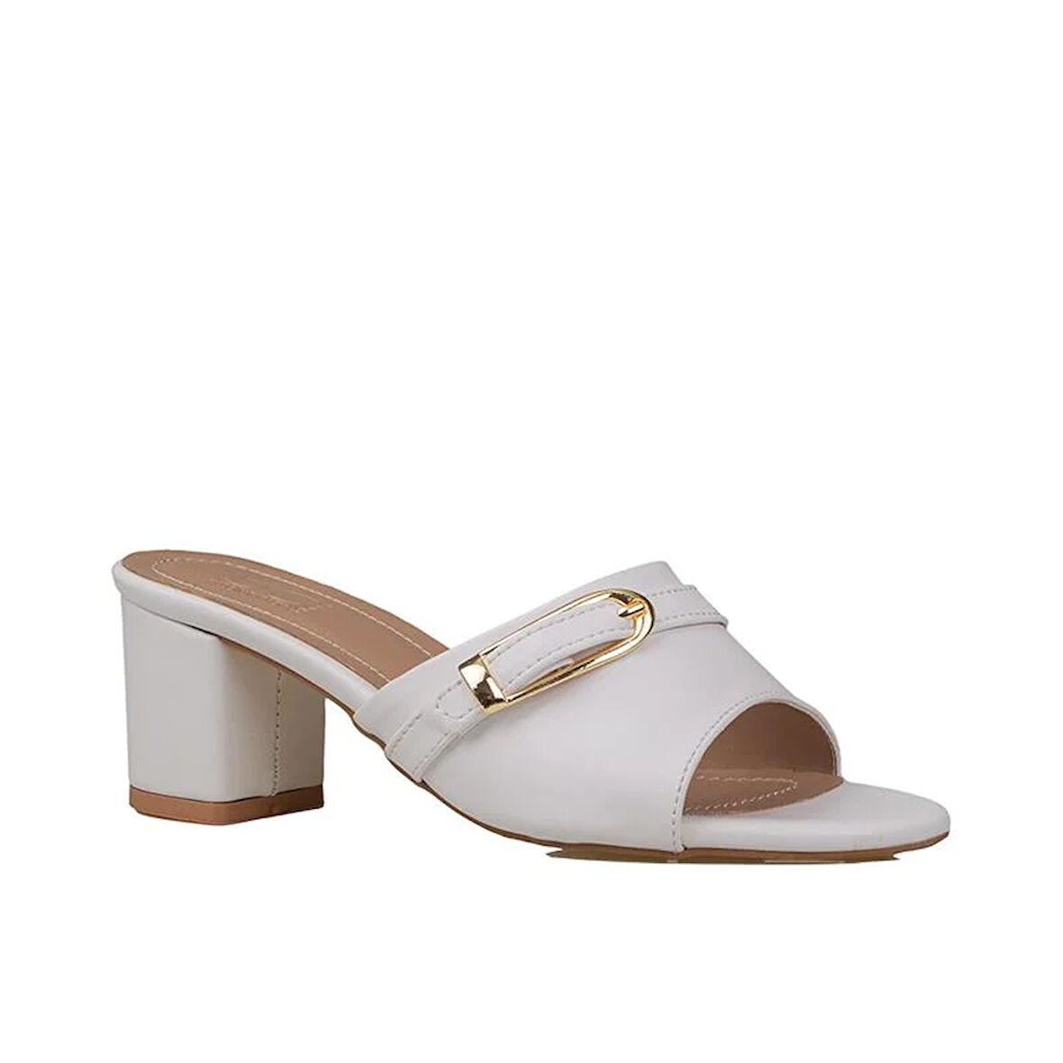 Trend Adımlar Beyaz Suni Deri Tokalı Kadın Klasik Terlik