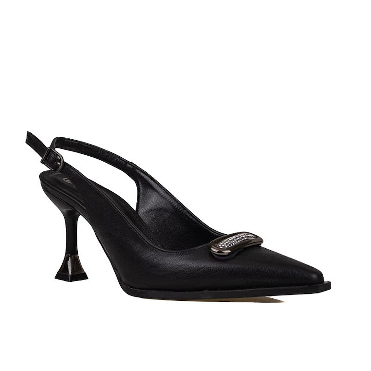 Trend Adımlar Siyah Deri Önden Taş İşlemeli Sivri Klasik Ayakkabı