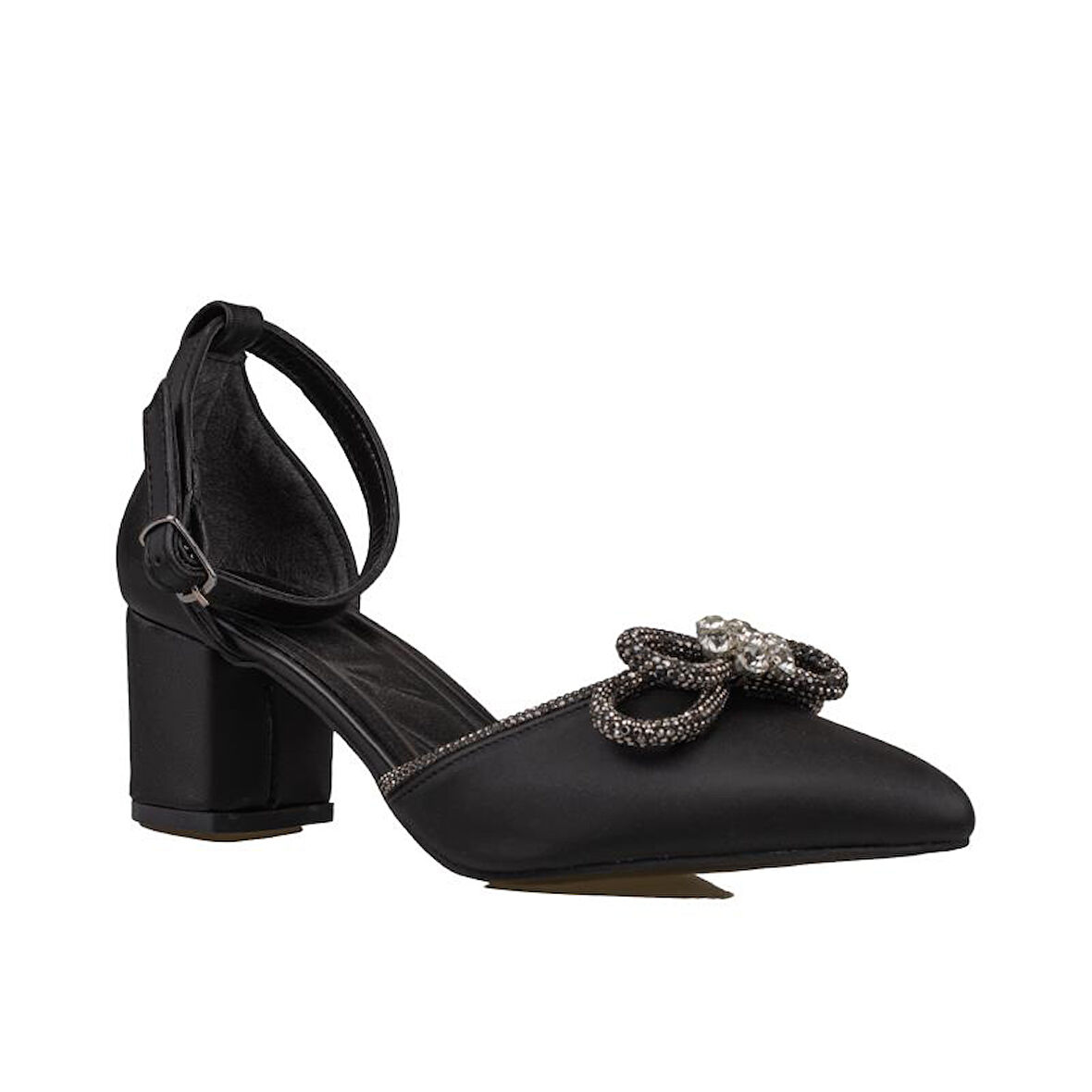 Trend Adımlar Siyah Taşlı Fiyonk Detaylı Kadın Saten Klasik Ayakkabı