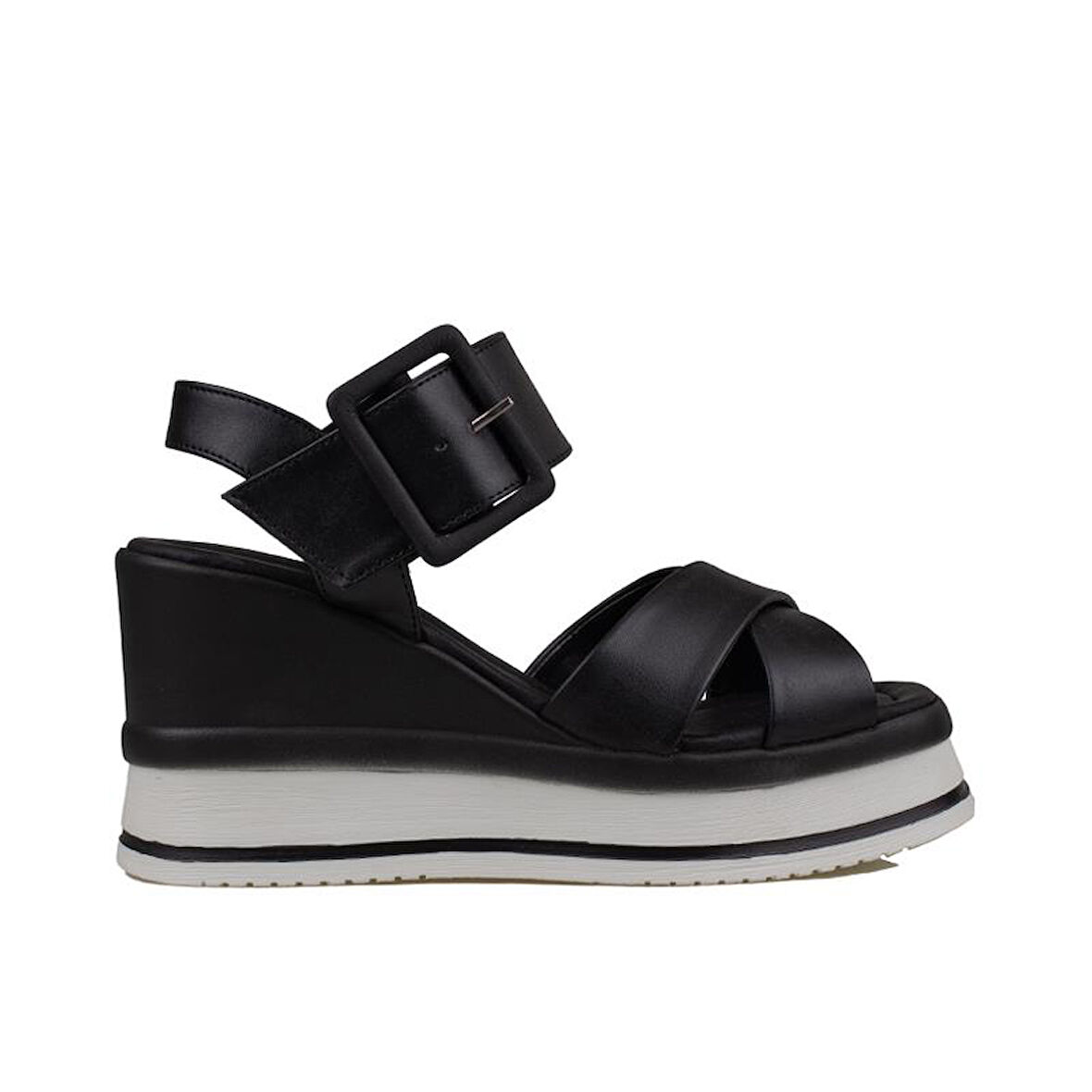 Trend Adımlar Siyah Dolgu Topuk Kemerli Kadın Sandalet