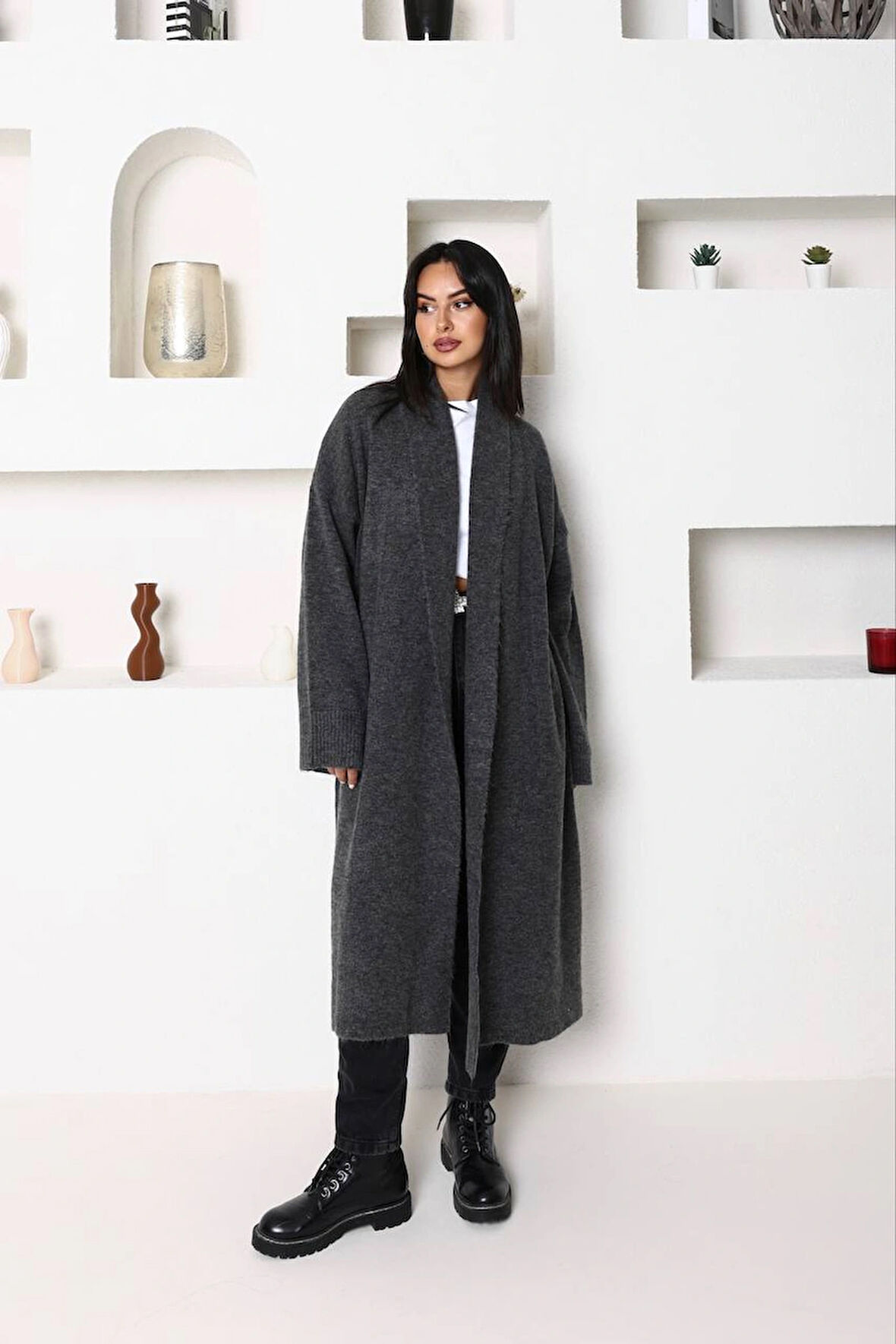 Antrasit - Oversize Uzun Hırka
