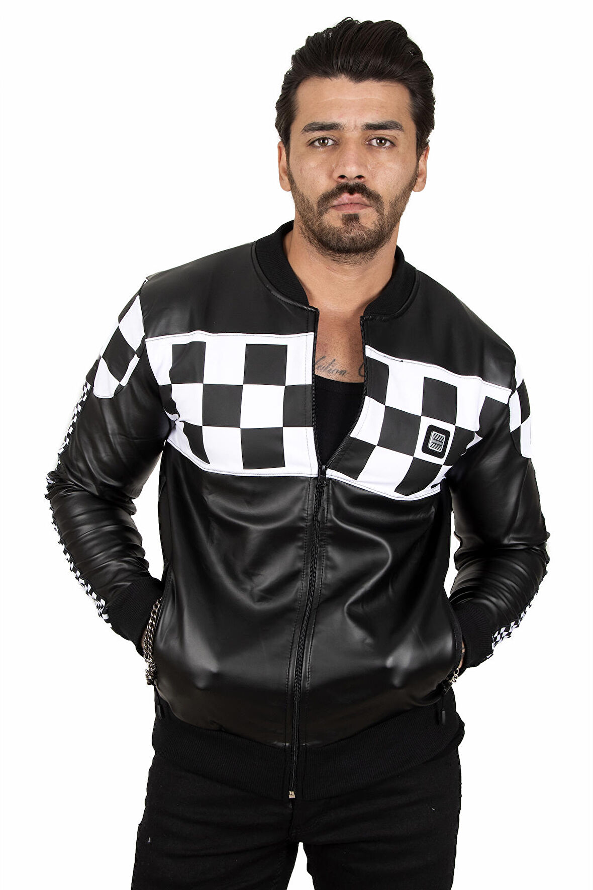 Siyah-Beyaz Fermuarlı Deri Mont 2100182