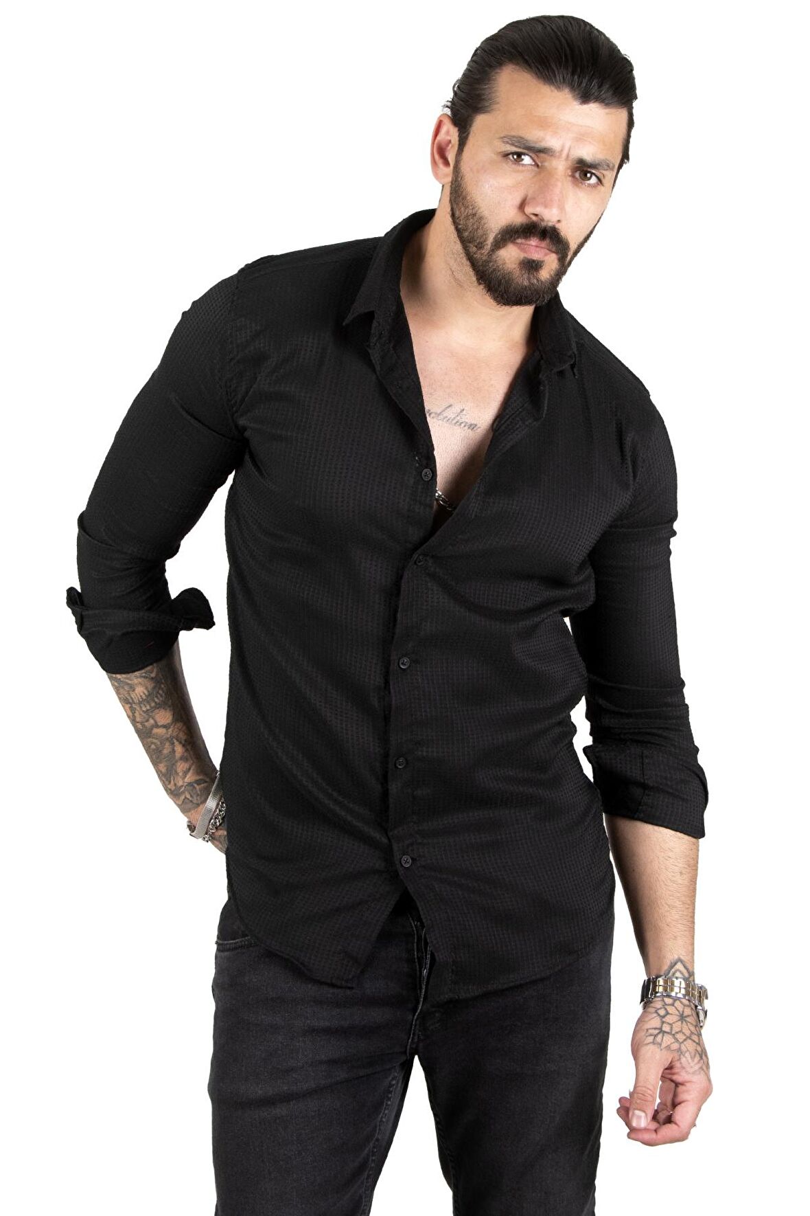 DeepSEA Siyah Noktalı Dar Kesim Düğmeli Likralı Uzun Kollu Erkek Gömlek 2001810