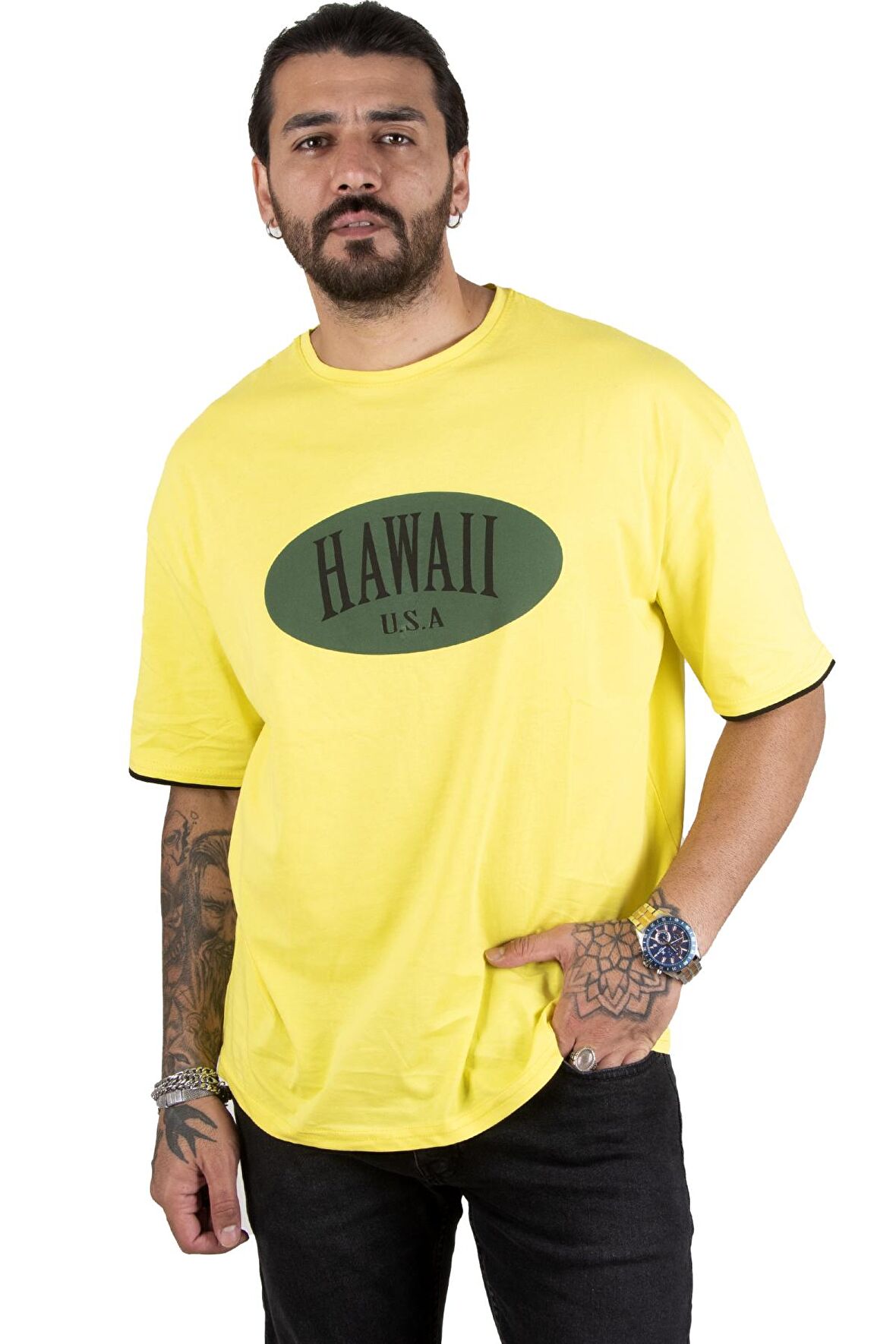 DeepSEA Erkek Sarı Önü Hawaii Yazı Baskılı Oversize Tişört 2200509