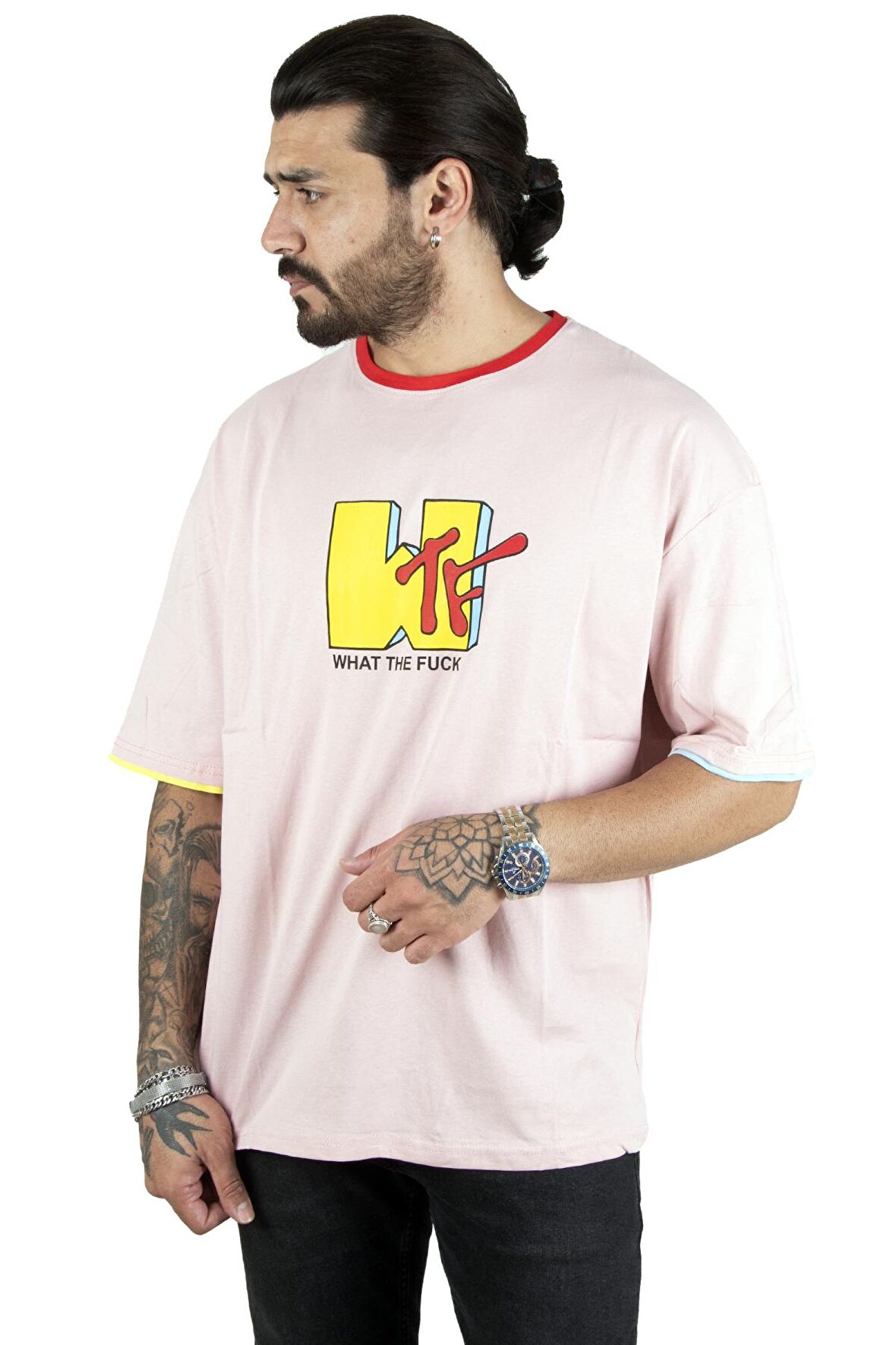 DeepSEA Erkek Pembe Önü Yazı Baskılı Bisiklet Yaka Oversize Tişört 2200510