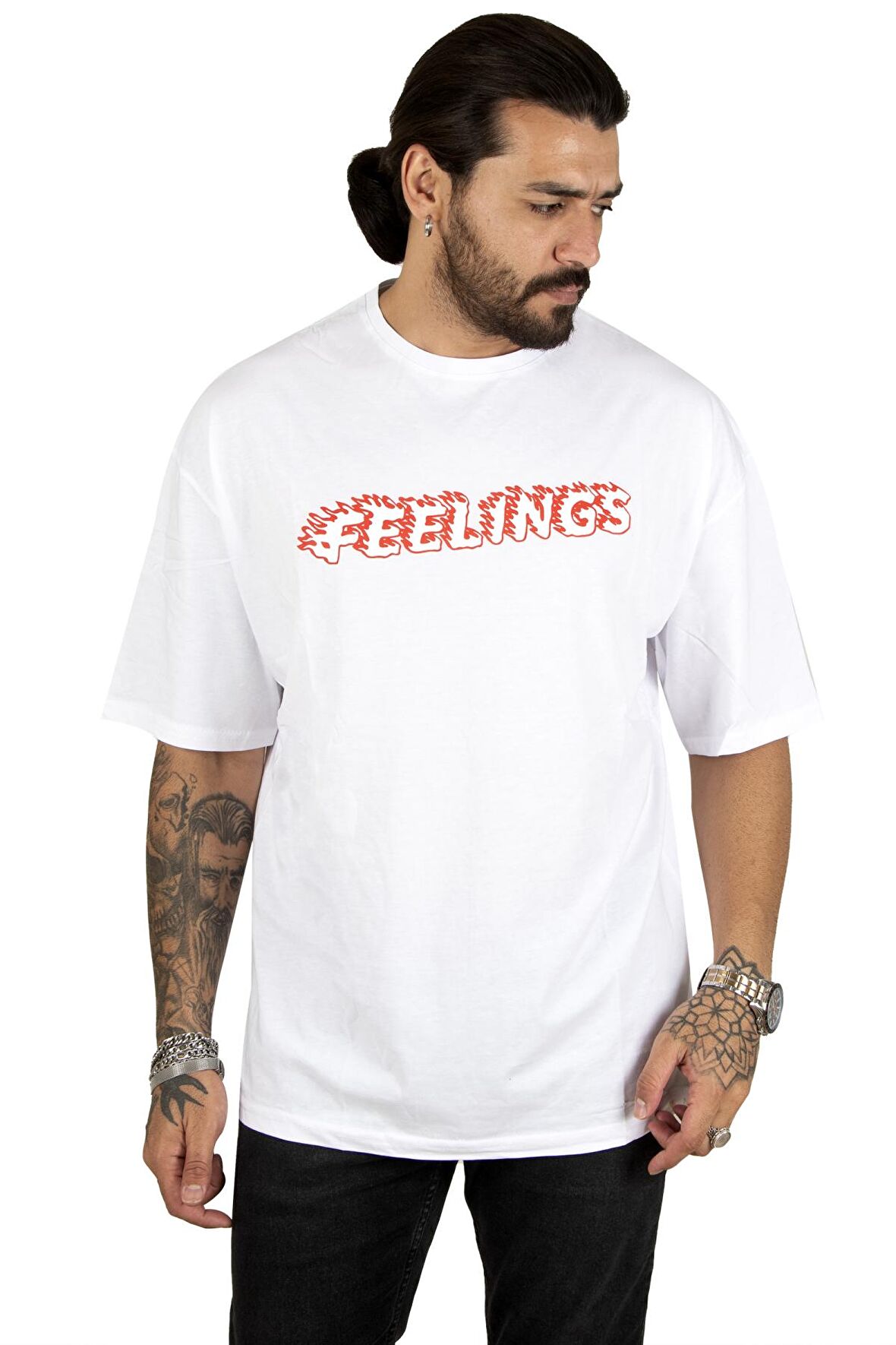 DeepSEA Erkek Beyaz Önü Feelings Yazı Baskılı Oversize Tişört 2200512
