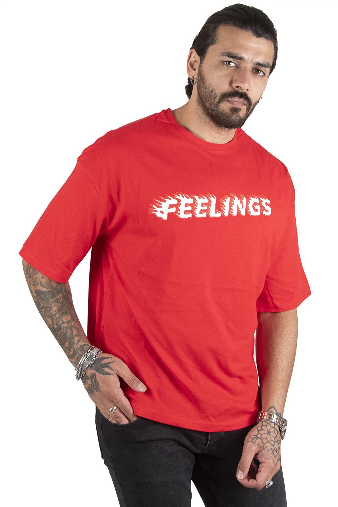 DeepSEA Erkek Kırmızı Önü Feelings Yazı Baskılı Oversize Tişört 2200512