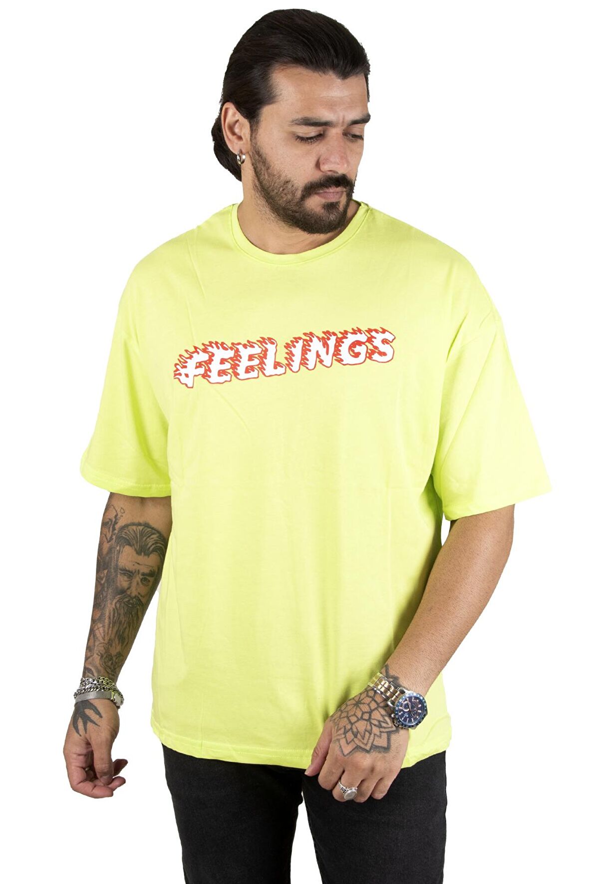 DeepSEA Erkek Yeşil Önü Feelings Yazı Baskılı Oversize Tişört 2200512